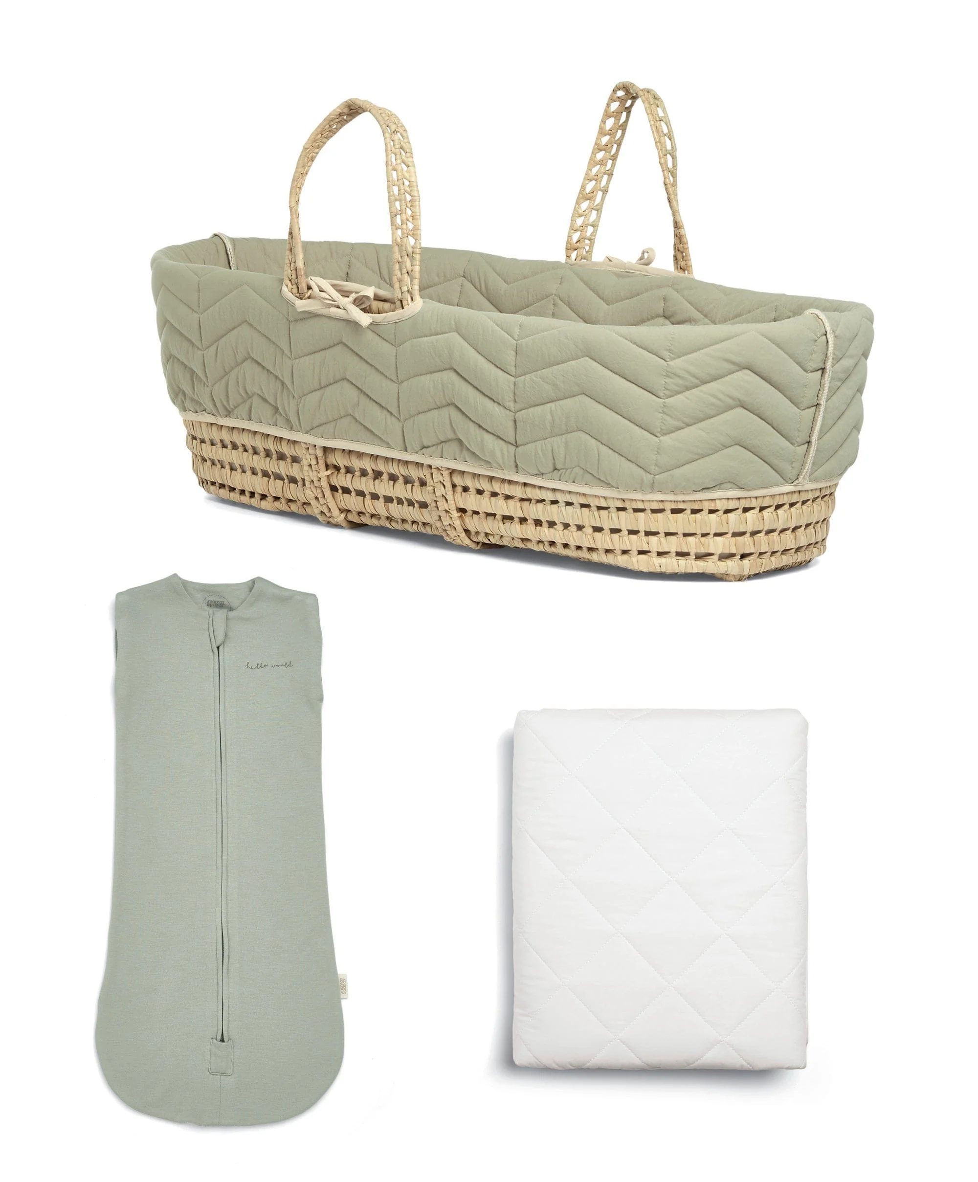 Newborn Swaddle and Moses Basket Bundle (3 Pieces) - Sage