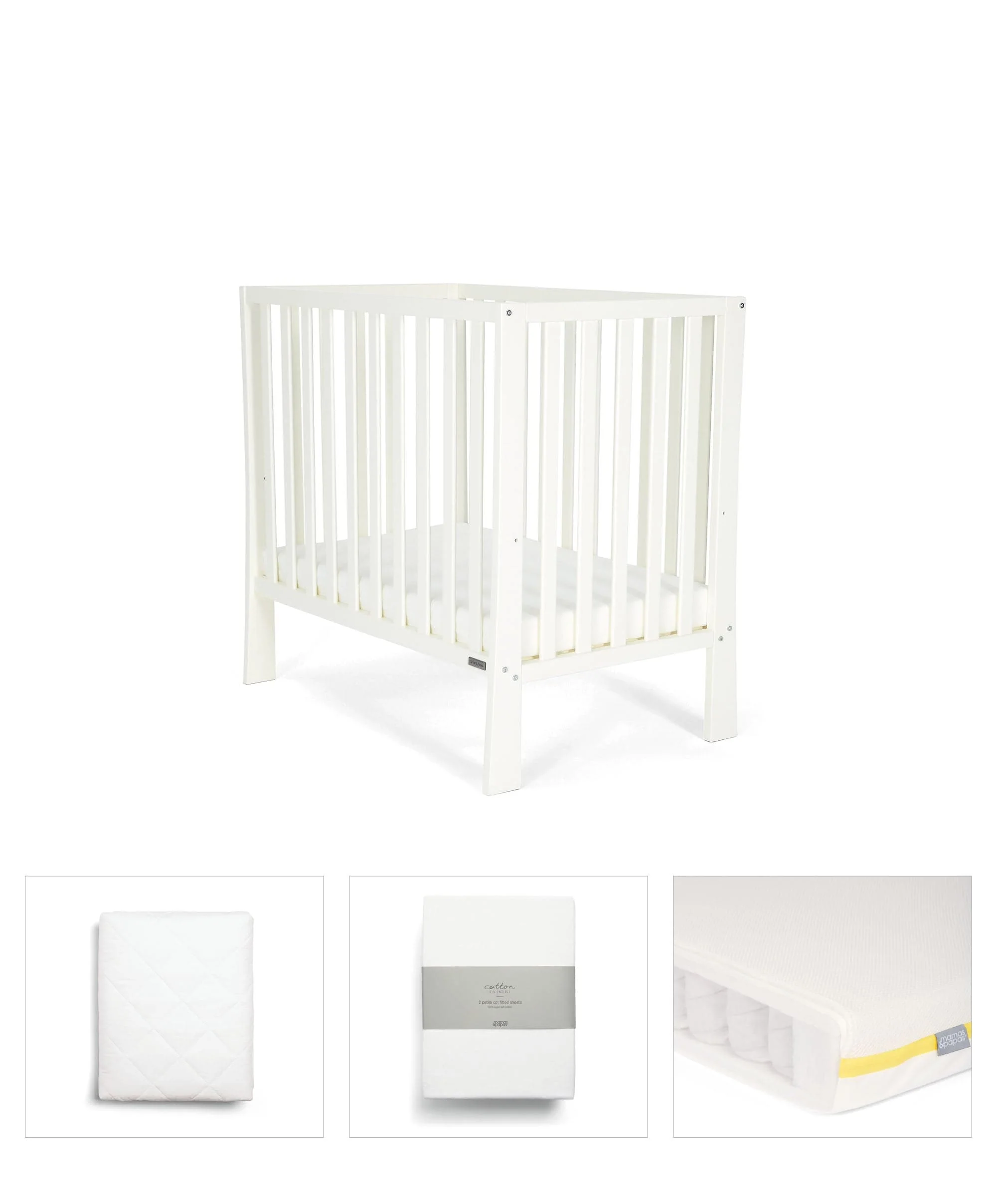 Petite Cot Bundle with Essential Pocket Spring Mattress (4 Pieces) - Pure White