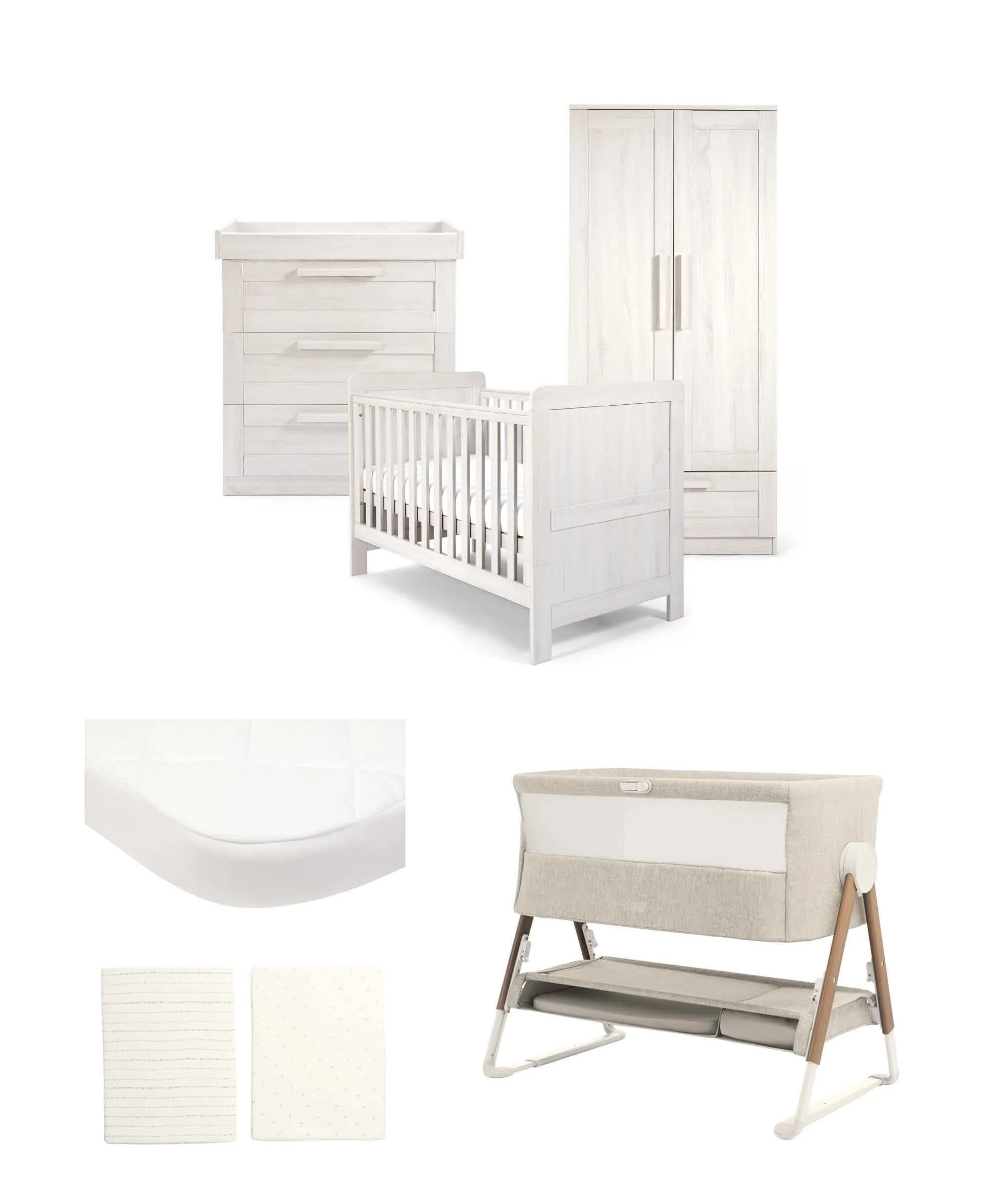 Atlas Nursery Bundle with Lua Bedside Crib (6 Piece) – White