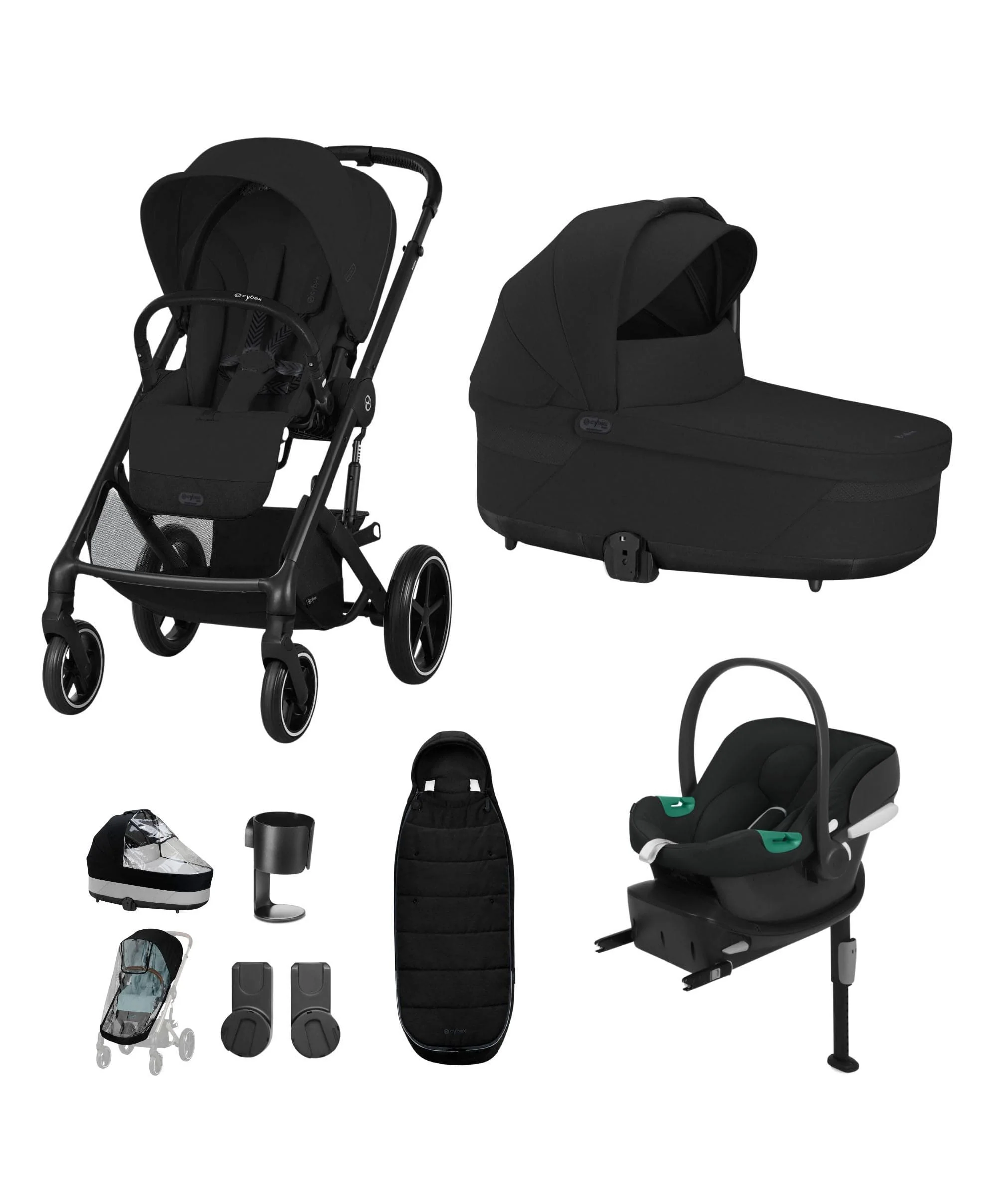 Cybex Balios Pushchair Bundle with Cybex  Aton B2 i-Size Car Seat & Base (6 Pieces) - Moon Black