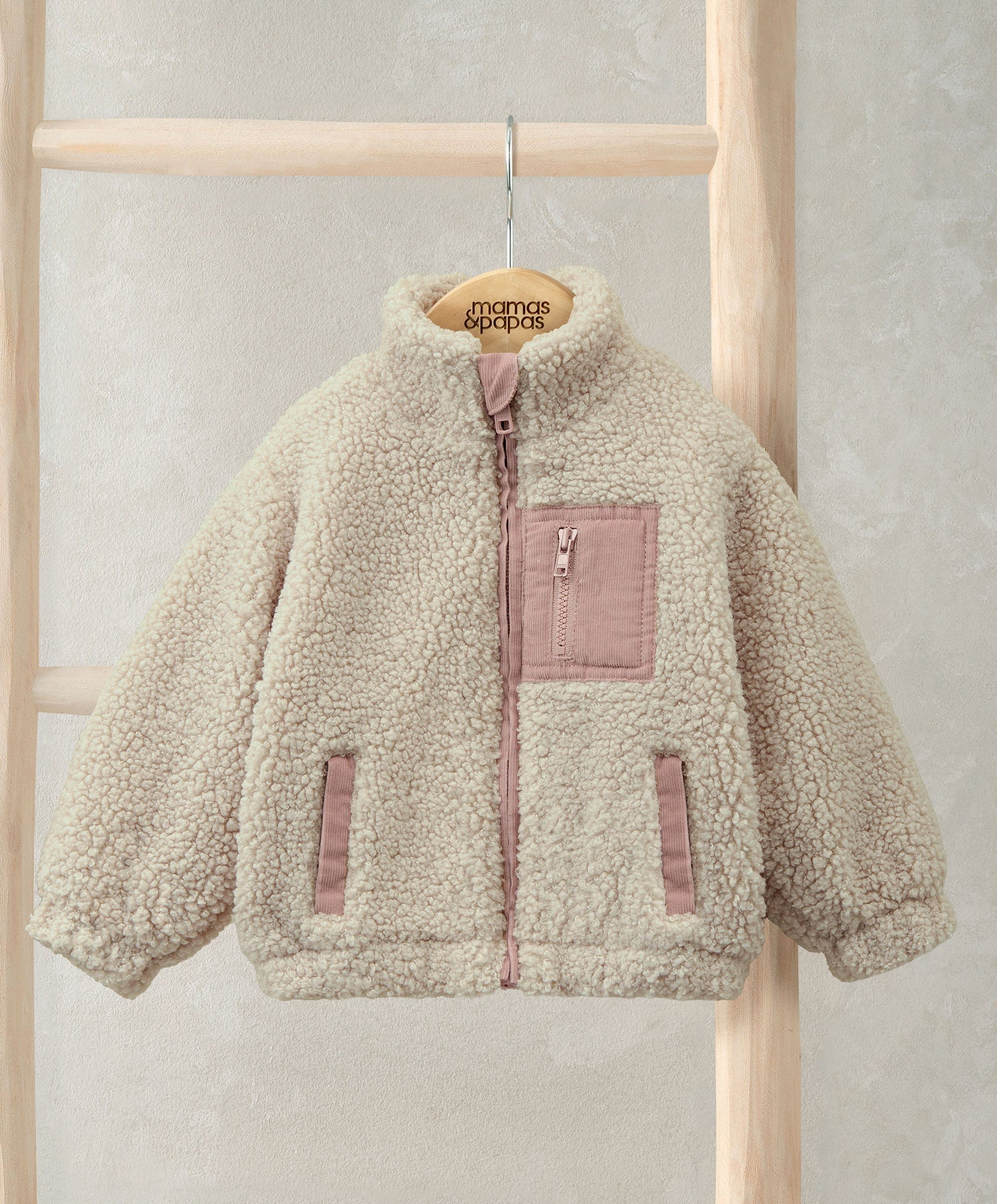 Funnel Neck Borg Jacket with Chest Pocket - Cream