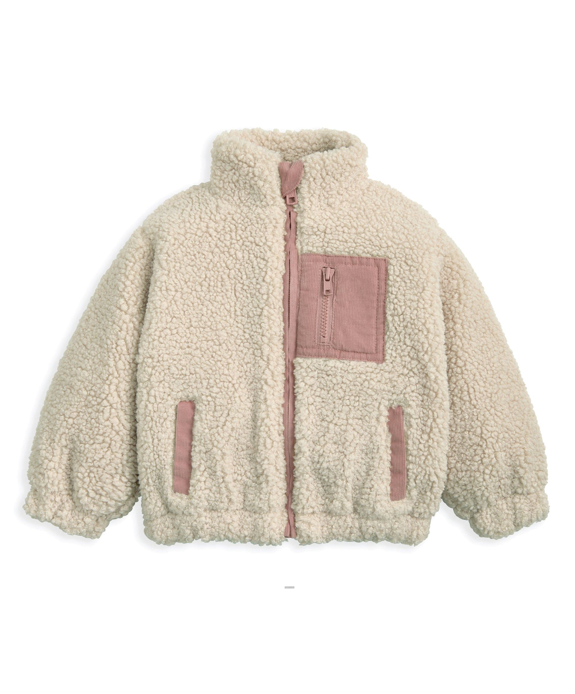 Funnel Neck Borg Jacket with Chest Pocket - Cream - Image 2