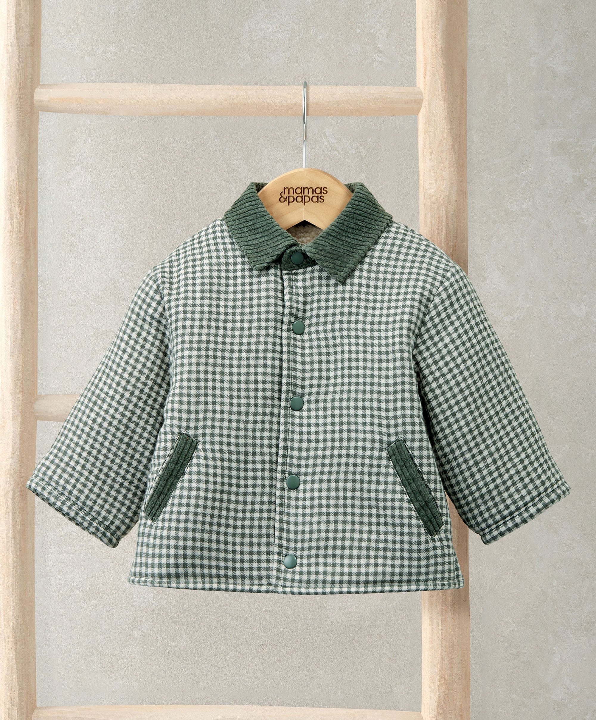 Check Jacket with Borg Lining & Cord Collar - Green