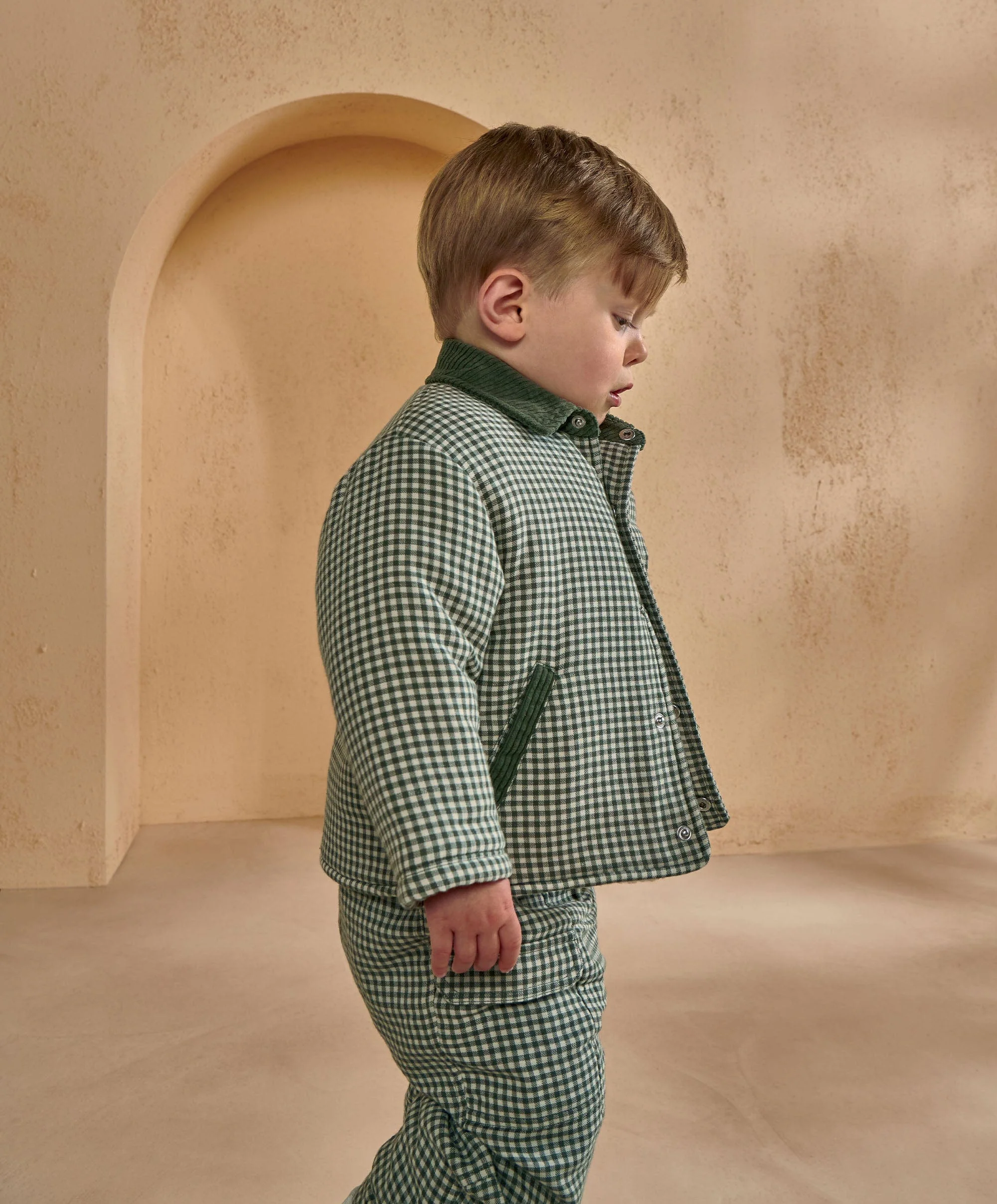 Check Jacket with Borg Lining & Cord Collar - Green - Image 3