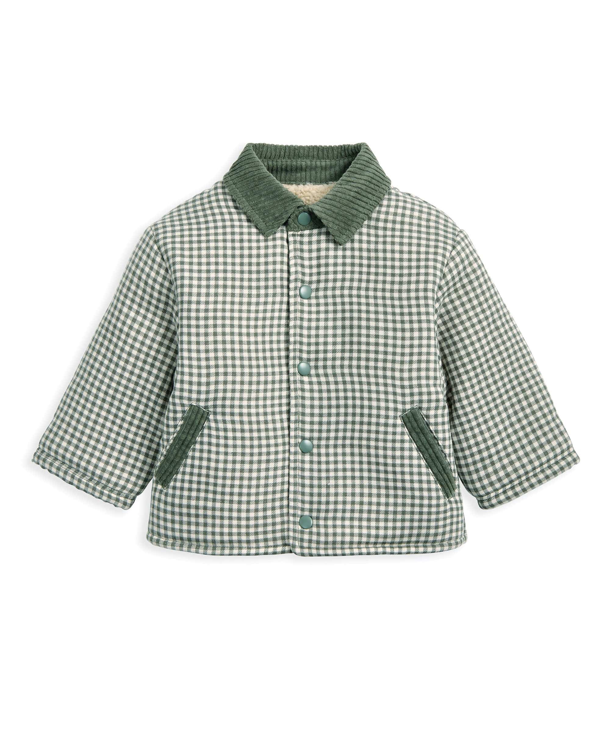 Check Jacket with Borg Lining & Cord Collar - Green - Image 7