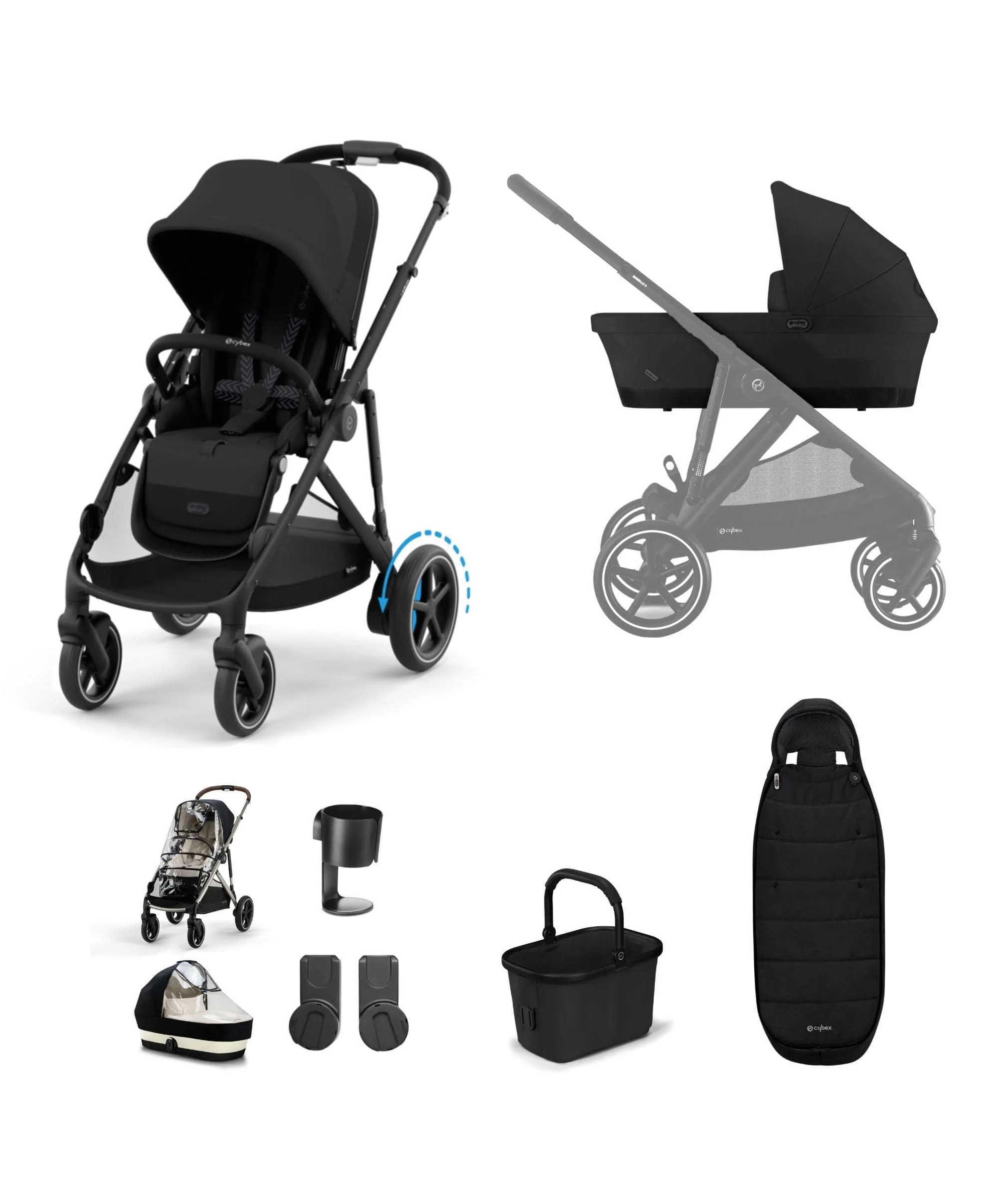 Cybex e-Gazelle S Electric Single to Double Pushchair Bundle (5 Pieces) – Black