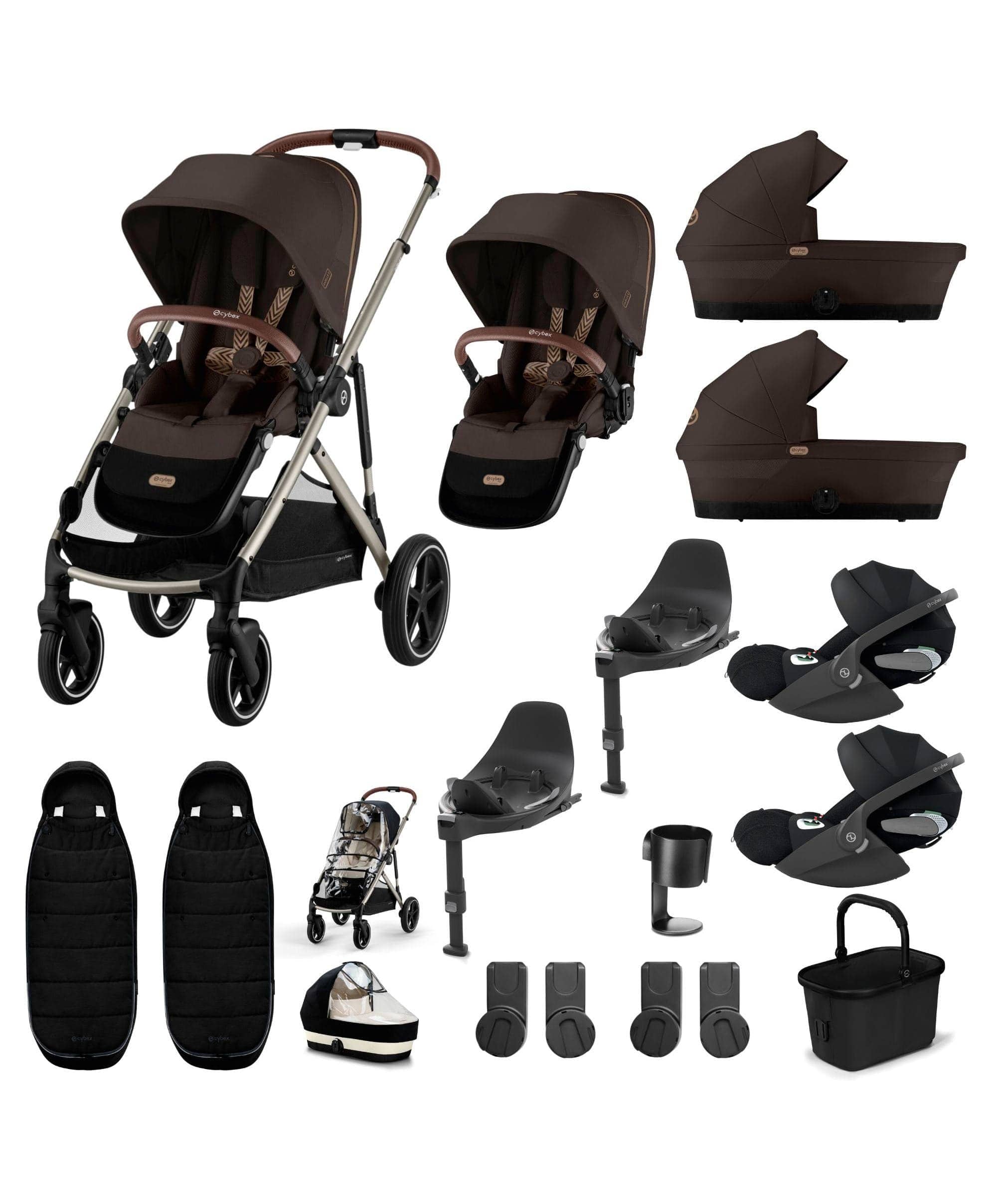Cybex Gazelle S Twin Pushchair Bundle with Cybex Cloud T i-Size Rotating Baby Car Seat & Base (16 Pieces)- Chocolate Brown