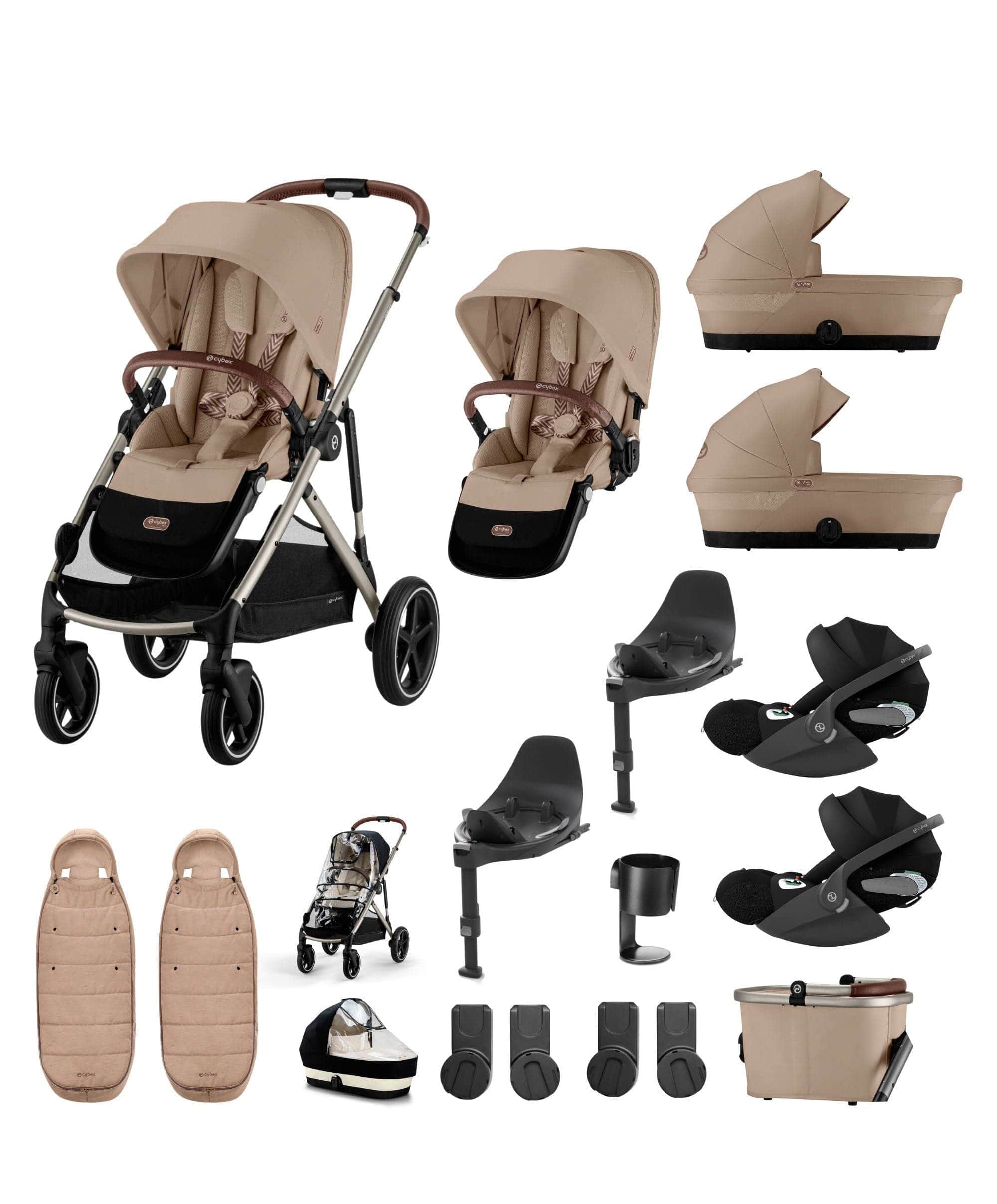 Cybex Gazelle S Twin Pushchair Bundle with Cybex Cloud T i-Size Rotating Baby Car Seat & Base (16 Pieces)- Almond Beige