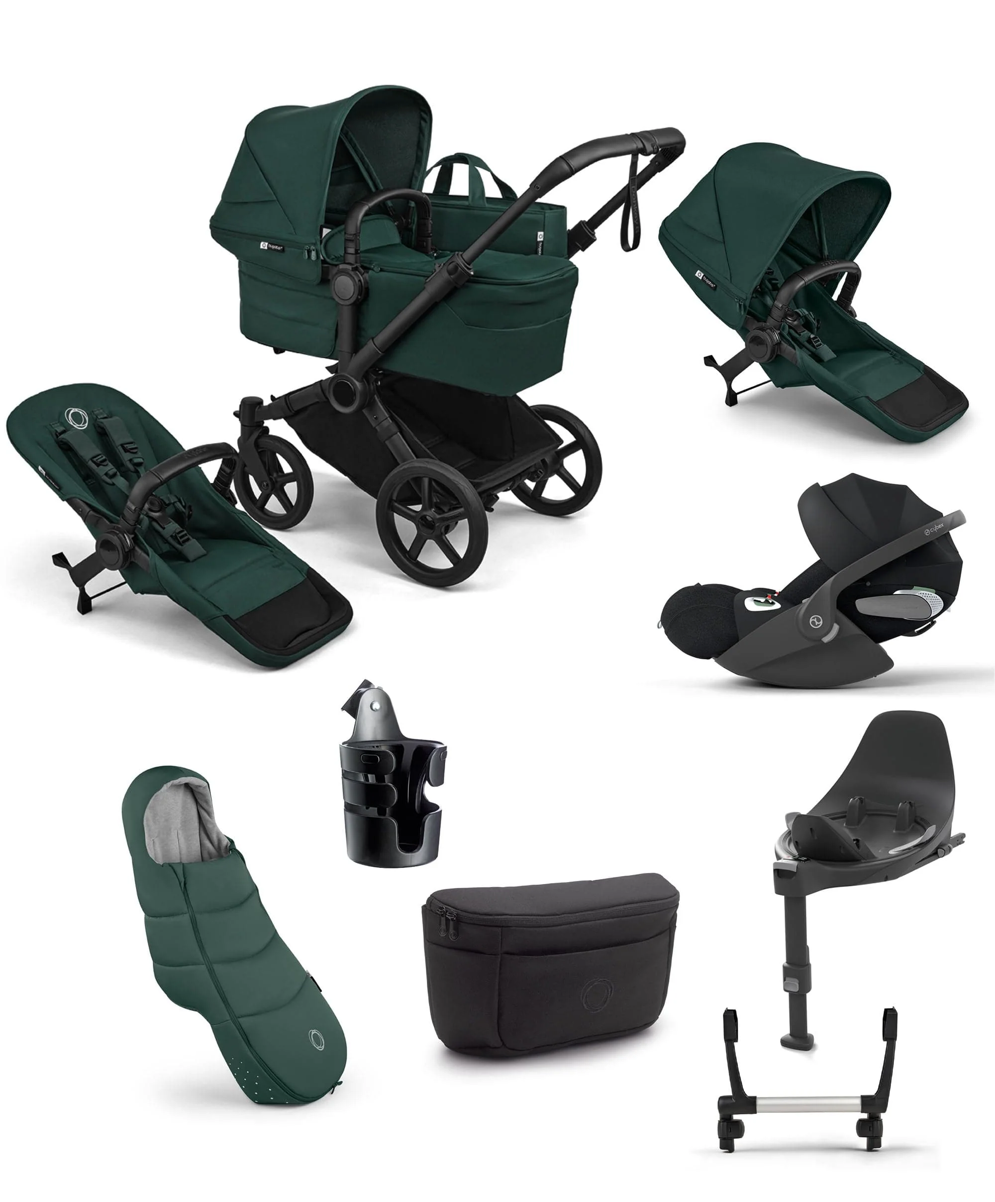 Bugaboo Donkey 6 Duo Ultimate Pushchair Bundle With Cybex Cloud T+ i-Size Rotating Baby Car Seat & Base (8 Pieces) - Fern Green