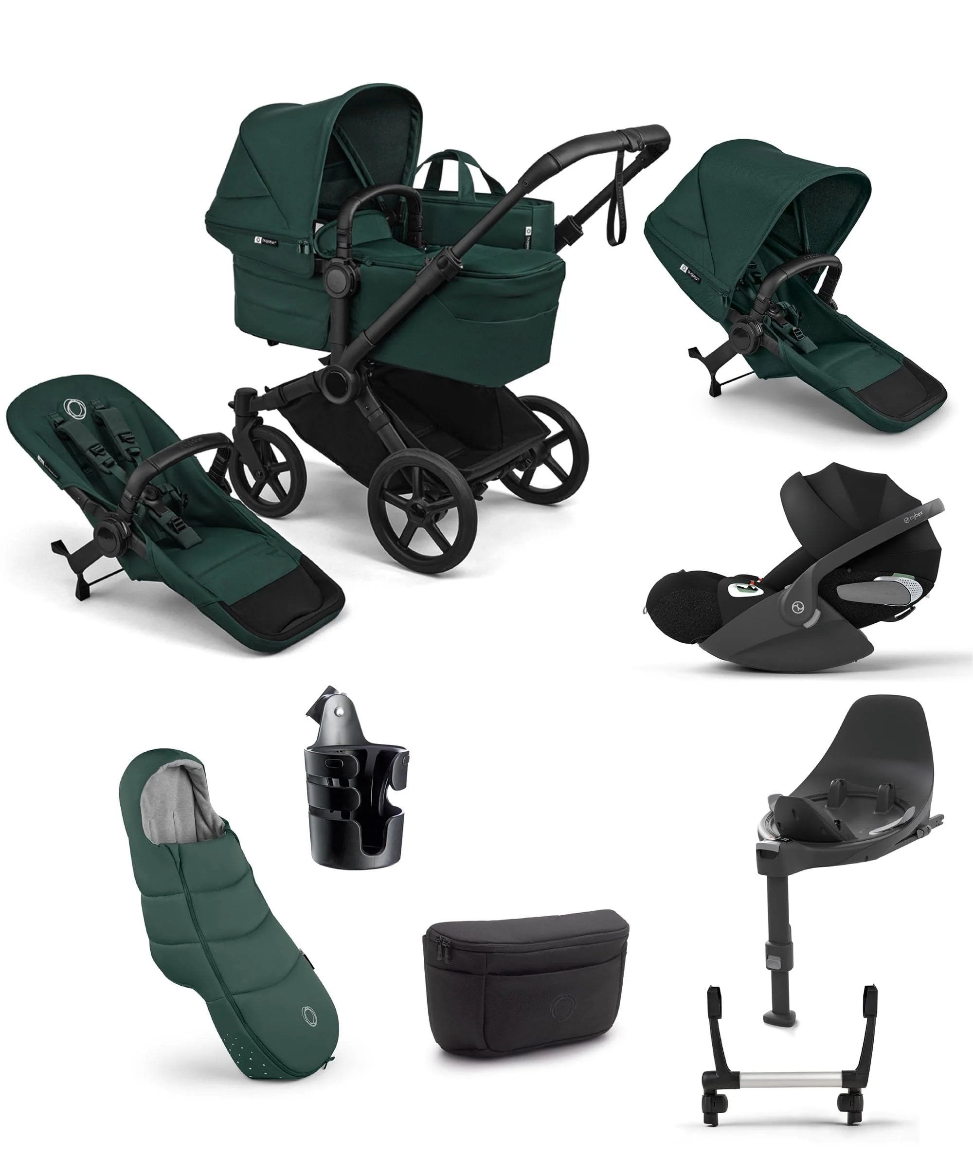 Bugaboo Donkey 6 Double Ultimate Pushchair Bundle With Cybex Cloud T i-Size Rotating Baby Car Seat & Base (8 Pieces) - Fern Green