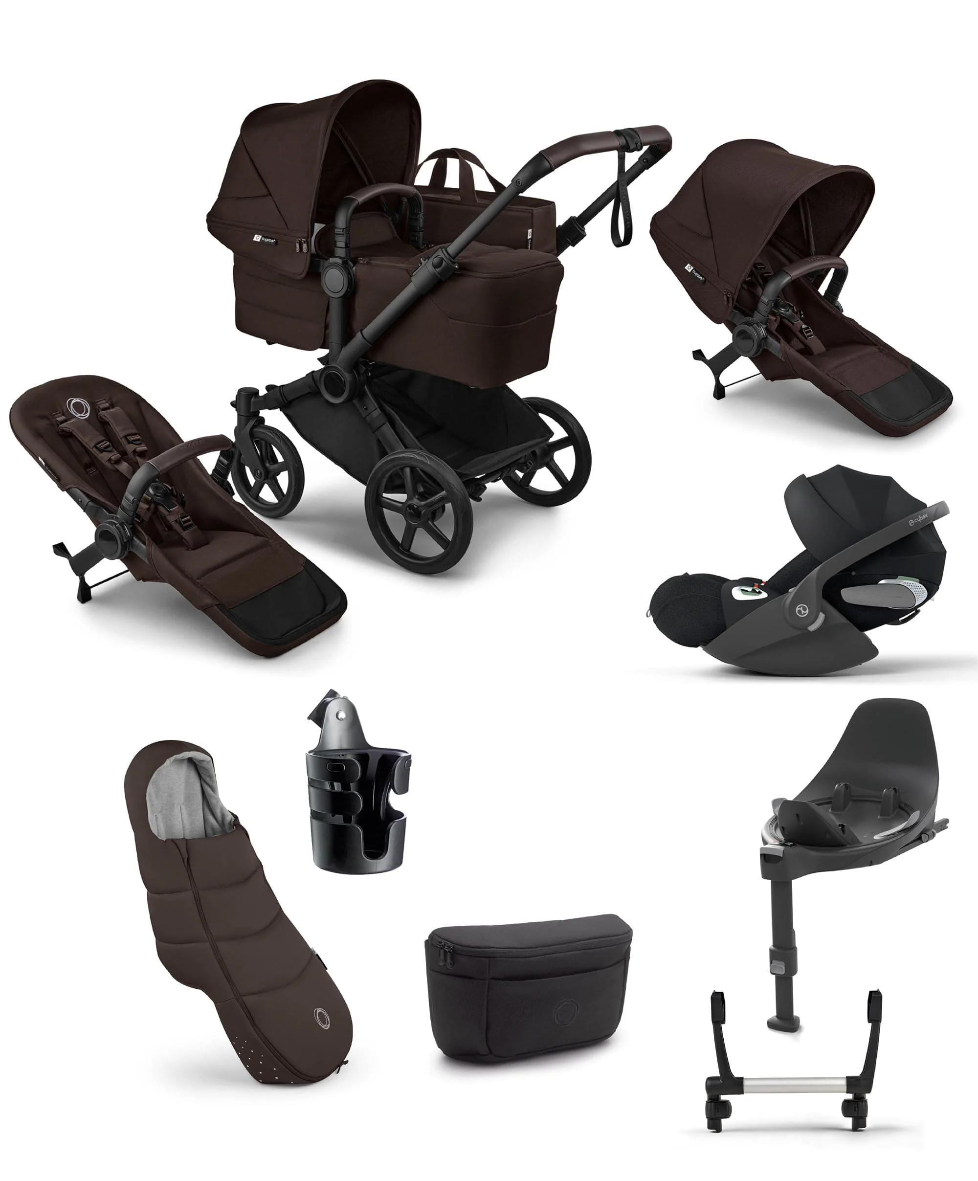 Bugaboo Donkey 6 Double Ultimate Bundle With Cybex Cloud T+ i-Size Rotating Baby Car Seat & Base (8 Pieces) - Cocoa Brown