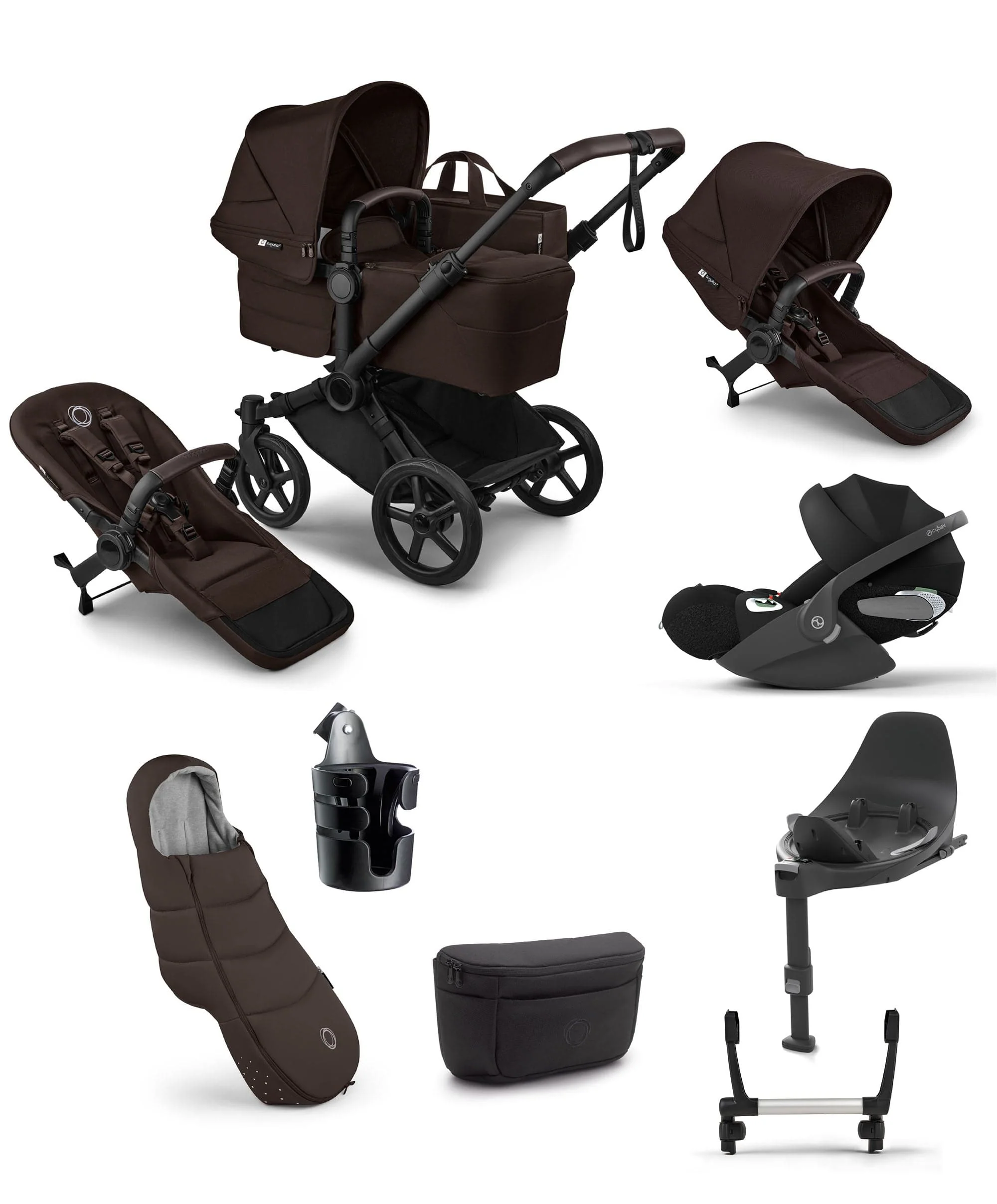 Bugaboo Donkey 6 Double Ultimate Pushchair Bundle With Cybex Cloud T i-Size Rotating Baby Car Seat & Base (8 Pieces) - Cocoa Brown