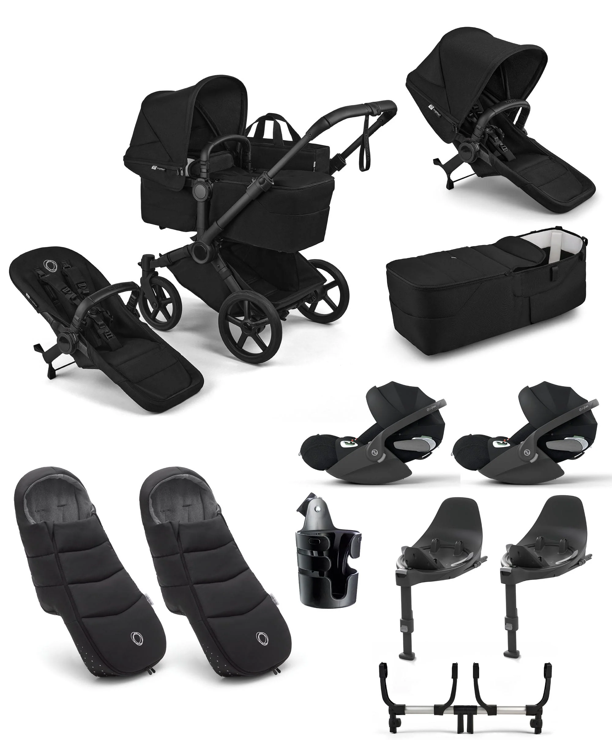 Donkey 6 Twin Essential Bundle With Cybex Cloud T+ i-Size Rotating Baby Car Seat (11 Pieces) - Heritage Black