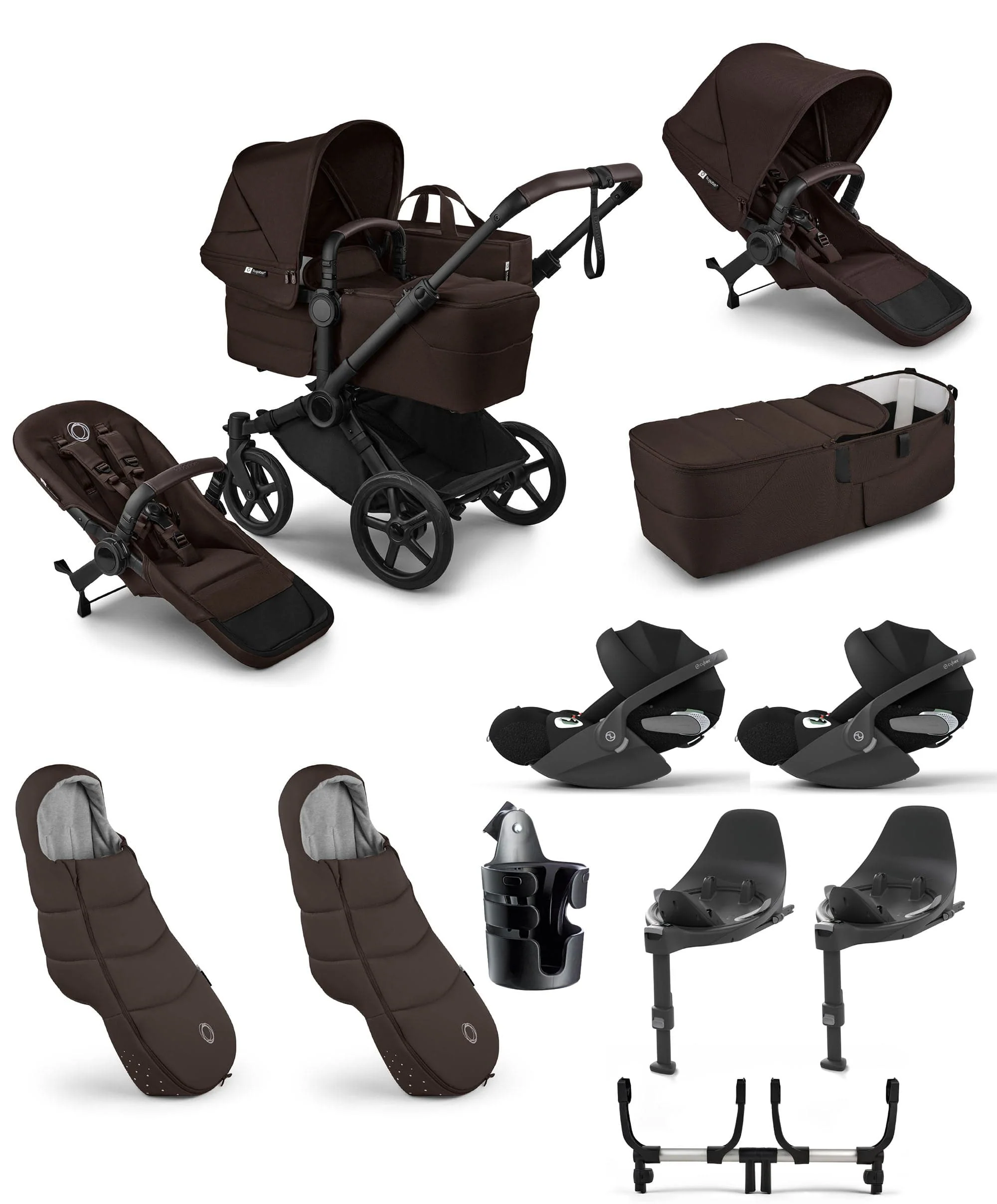 Donkey 6 Twin Essential Bundle With Cybex Cloud T i-Size Rotating Baby Car Seat (10 Pieces) - Cocoa Brown