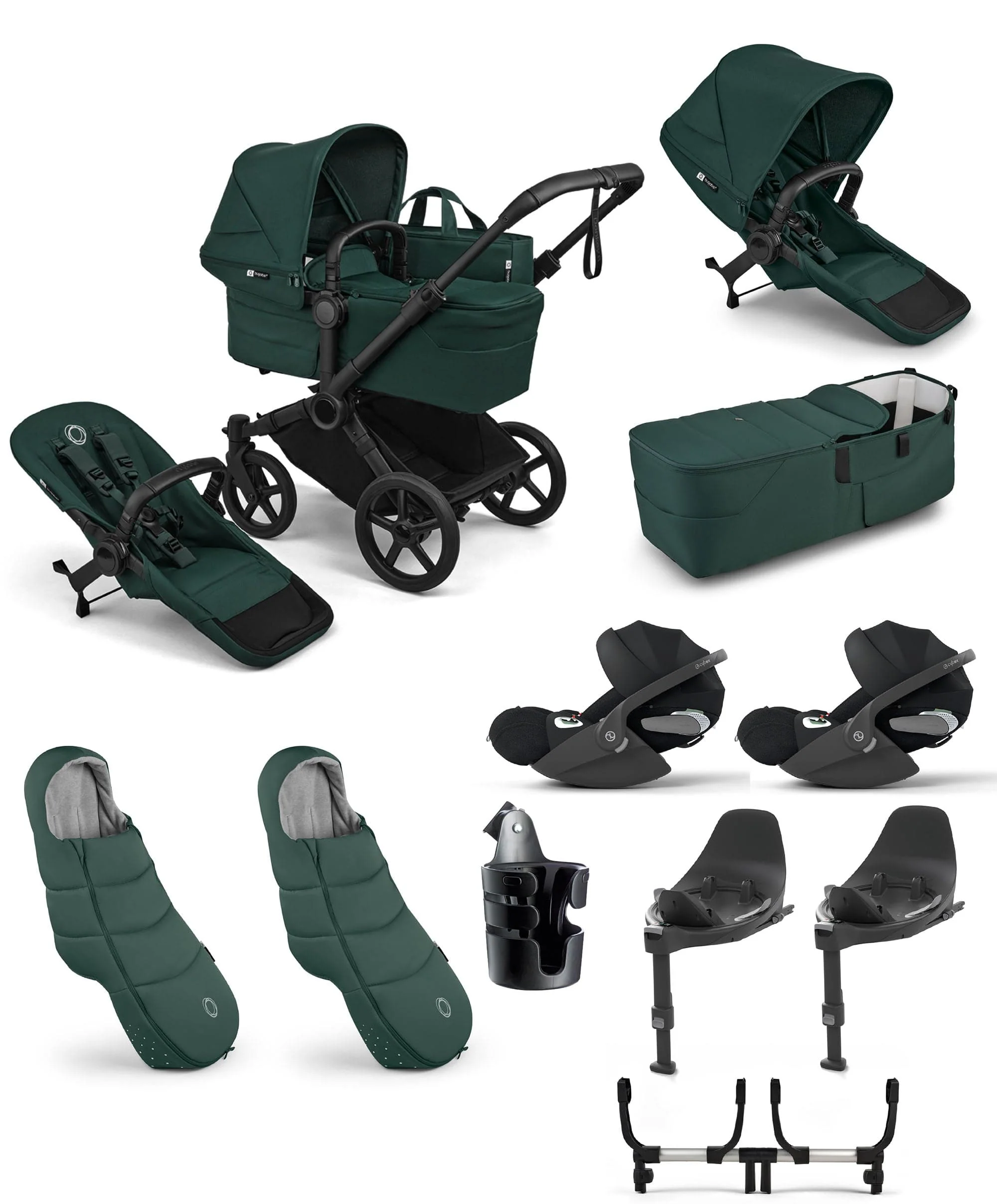 Donkey 6 Twin Essential Bundle With Cybex Cloud T+ i-Size Rotating Baby Car Seat (10 Pieces) - Fern Green