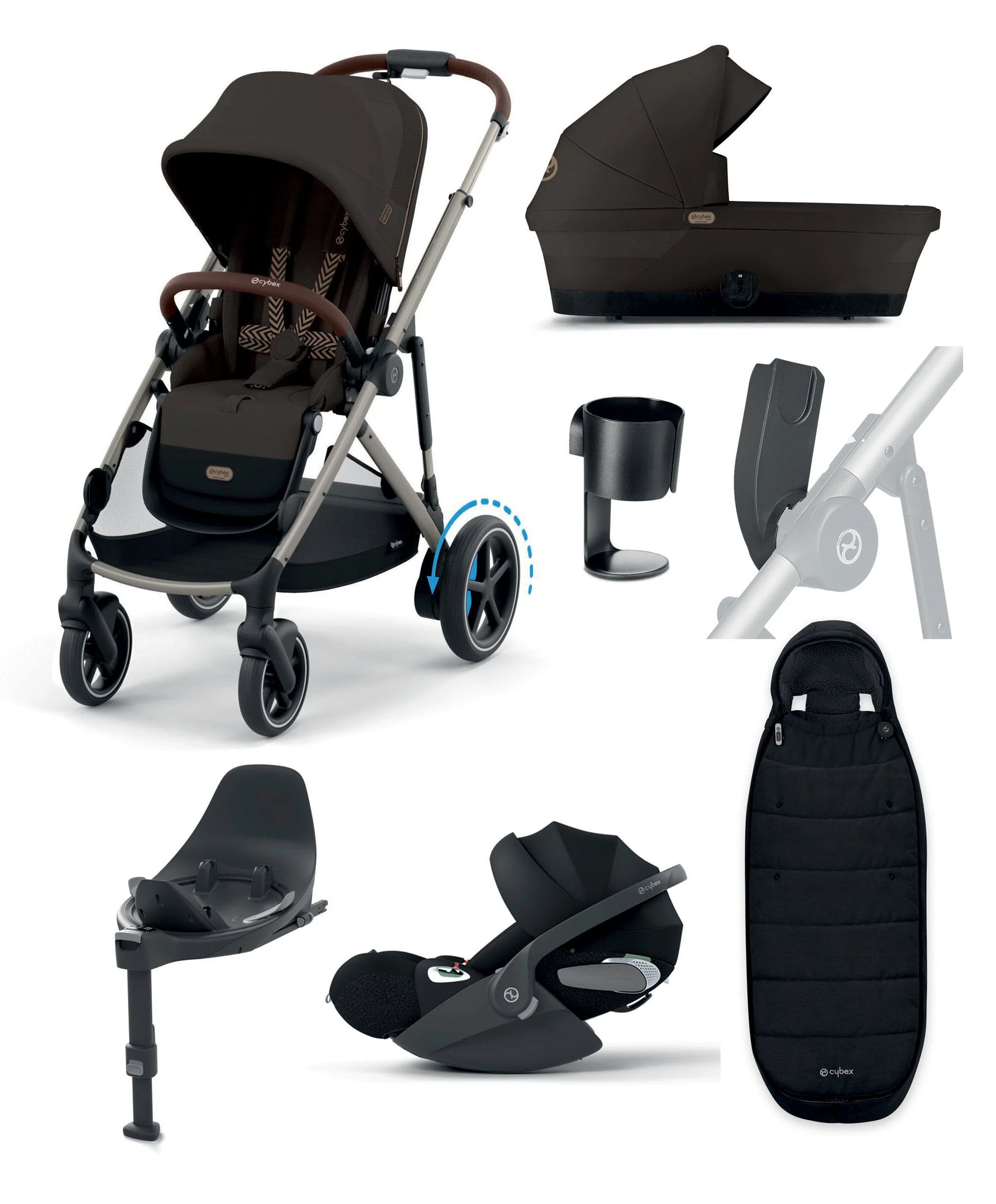 Cybex e-Gazelle S Electric Single to Double Pushchair Bundle with Cybex Cloud T i-Size Rotating Car Seat (7 Pieces) - Chocolate Brown