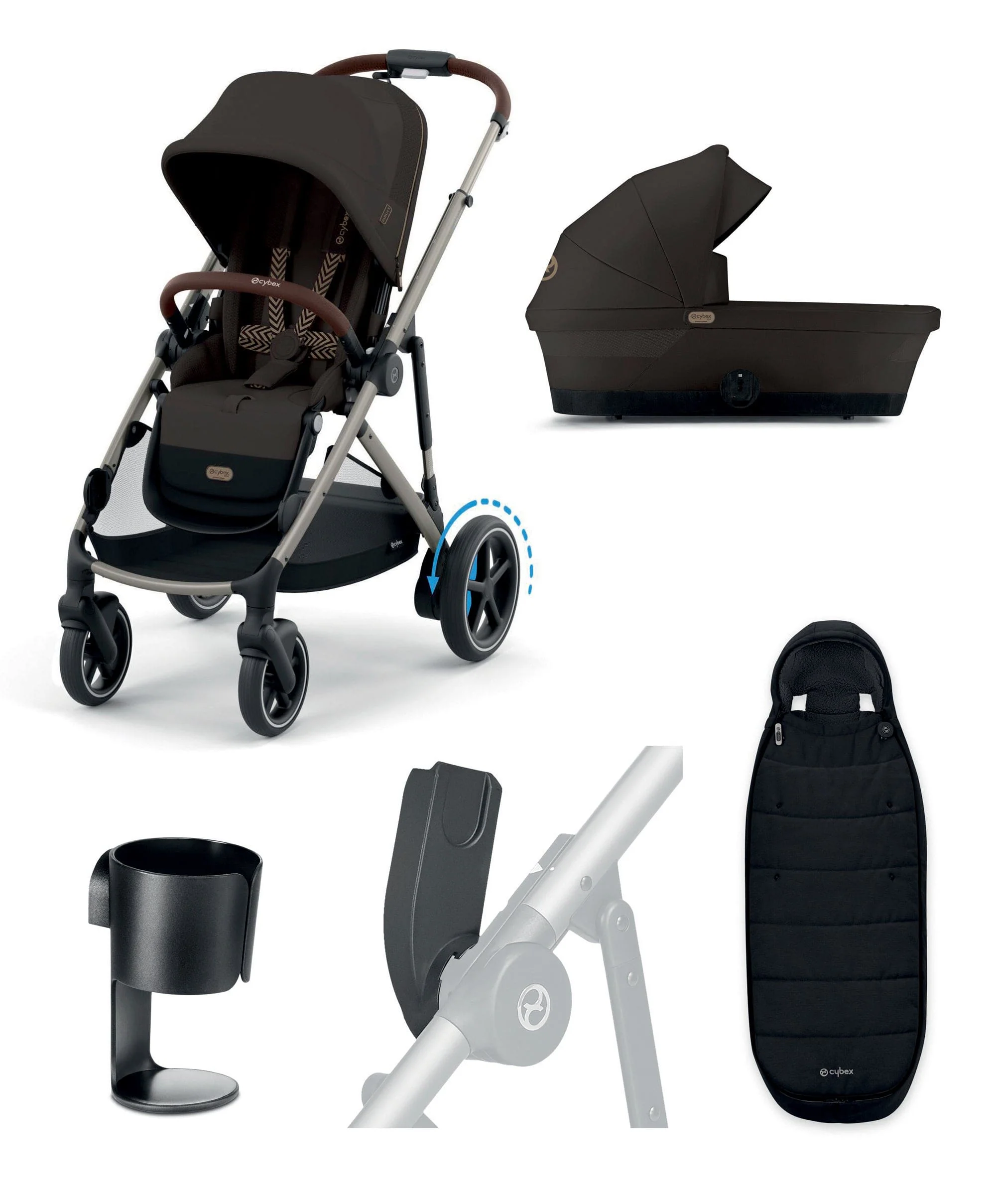 Cybex e-Gazelle S Electric Single to Double Pushchair Bundle (5 Pieces) - Chocolate Brown