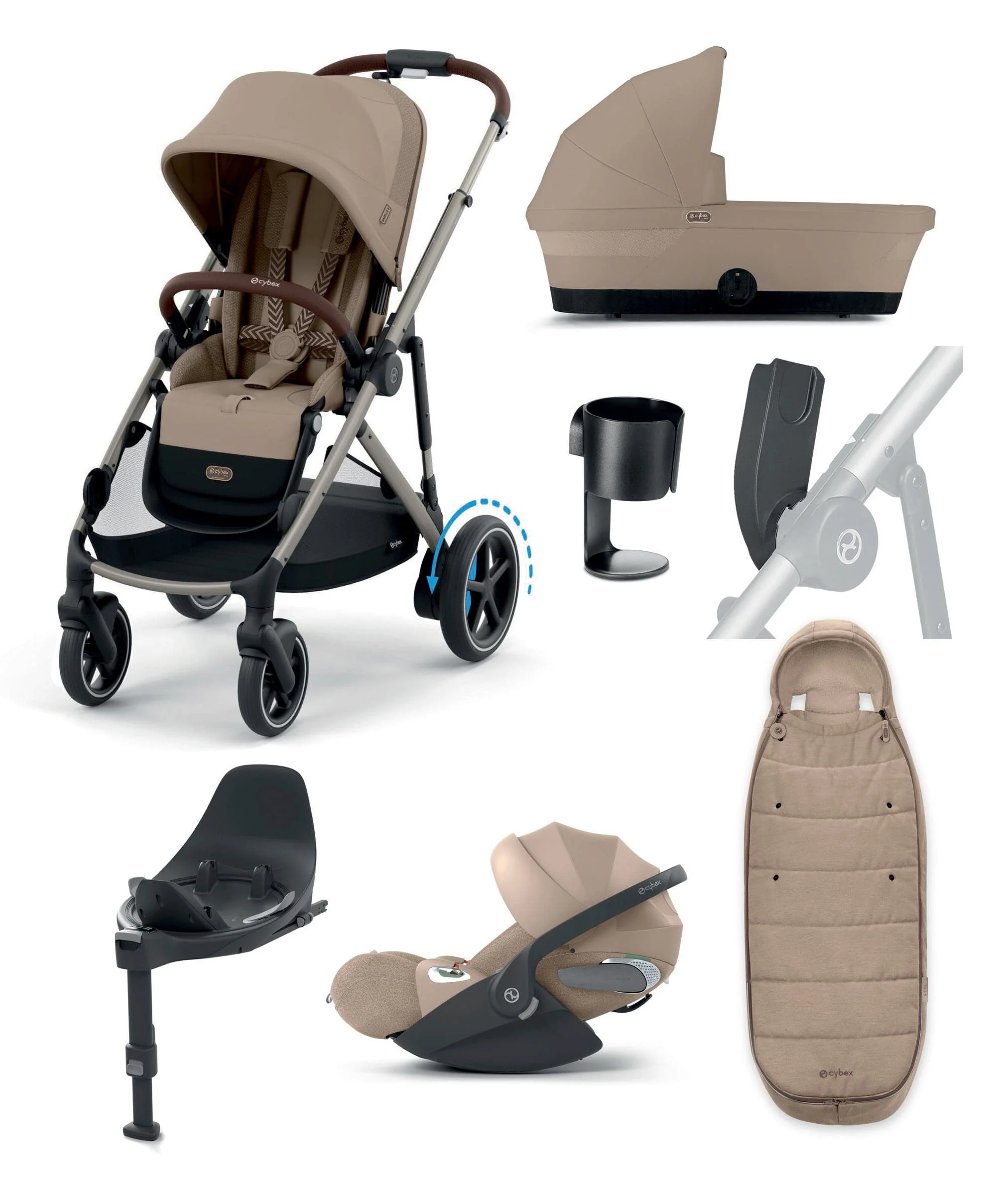 Cybex e-Gazelle S Electric Single to Double Pushchair Bundle with Cybex Cloud T+ i-Size Rotating Car Seat (7 Pieces) - Almond Beige/ Cozy Beige