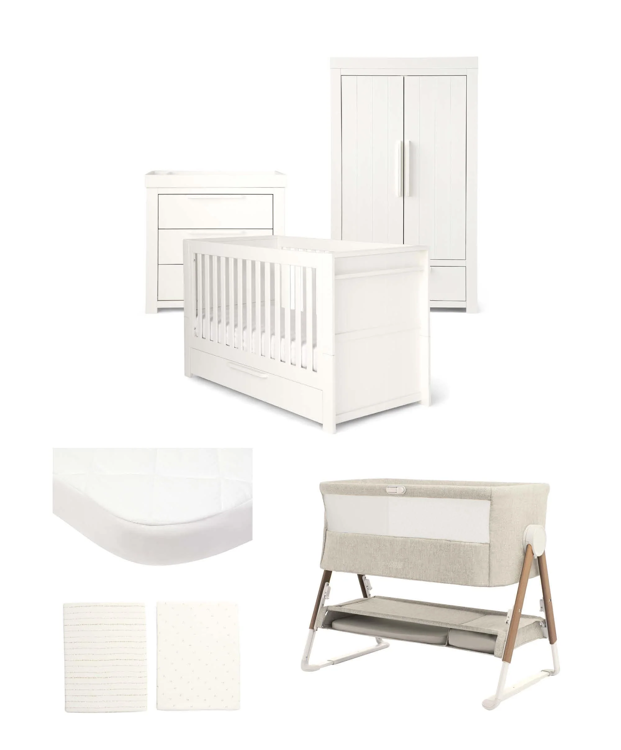 Franklin Nursery Bundle with Lua Bedside Crib (6 Piece) – White Wash