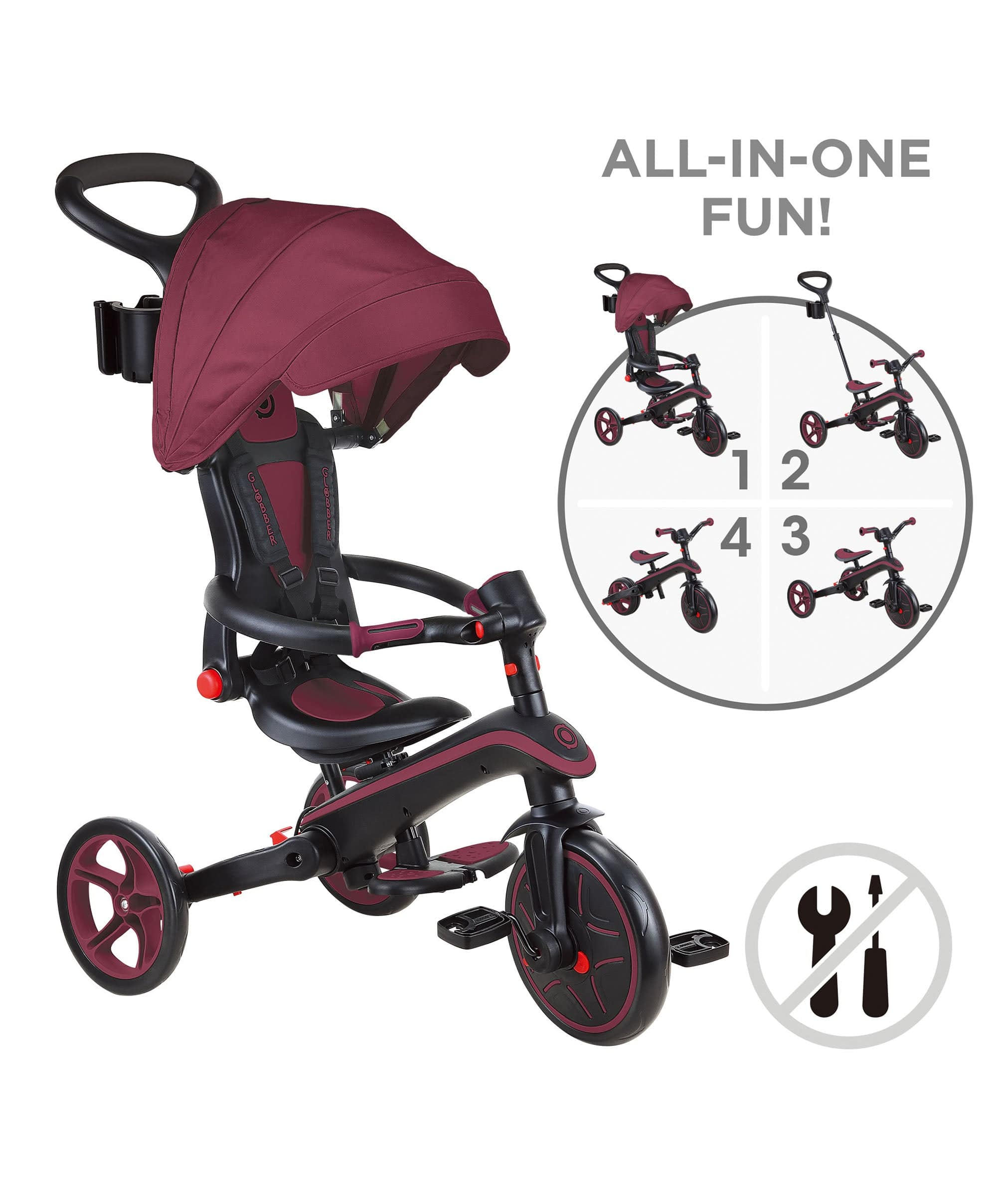 Globber Explorer Trike Foldable 4in1 - Burgundy - Image 6