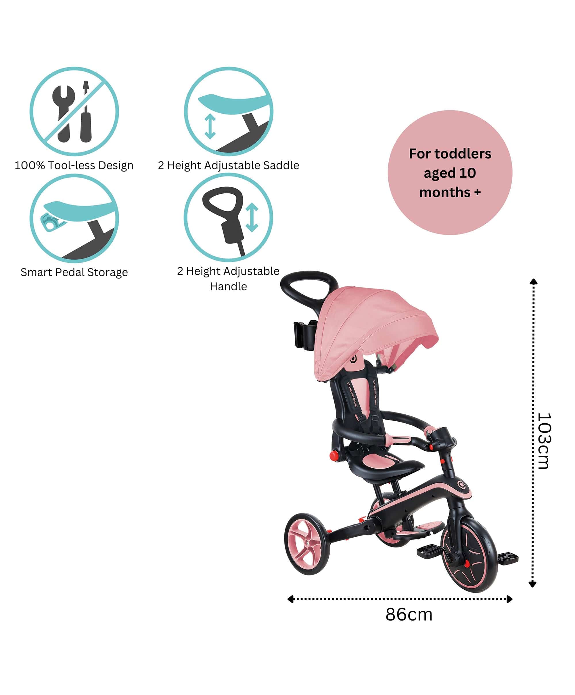 Globber Explorer Foldable 4-in-1 Trike - Pastel Pink - Image 9