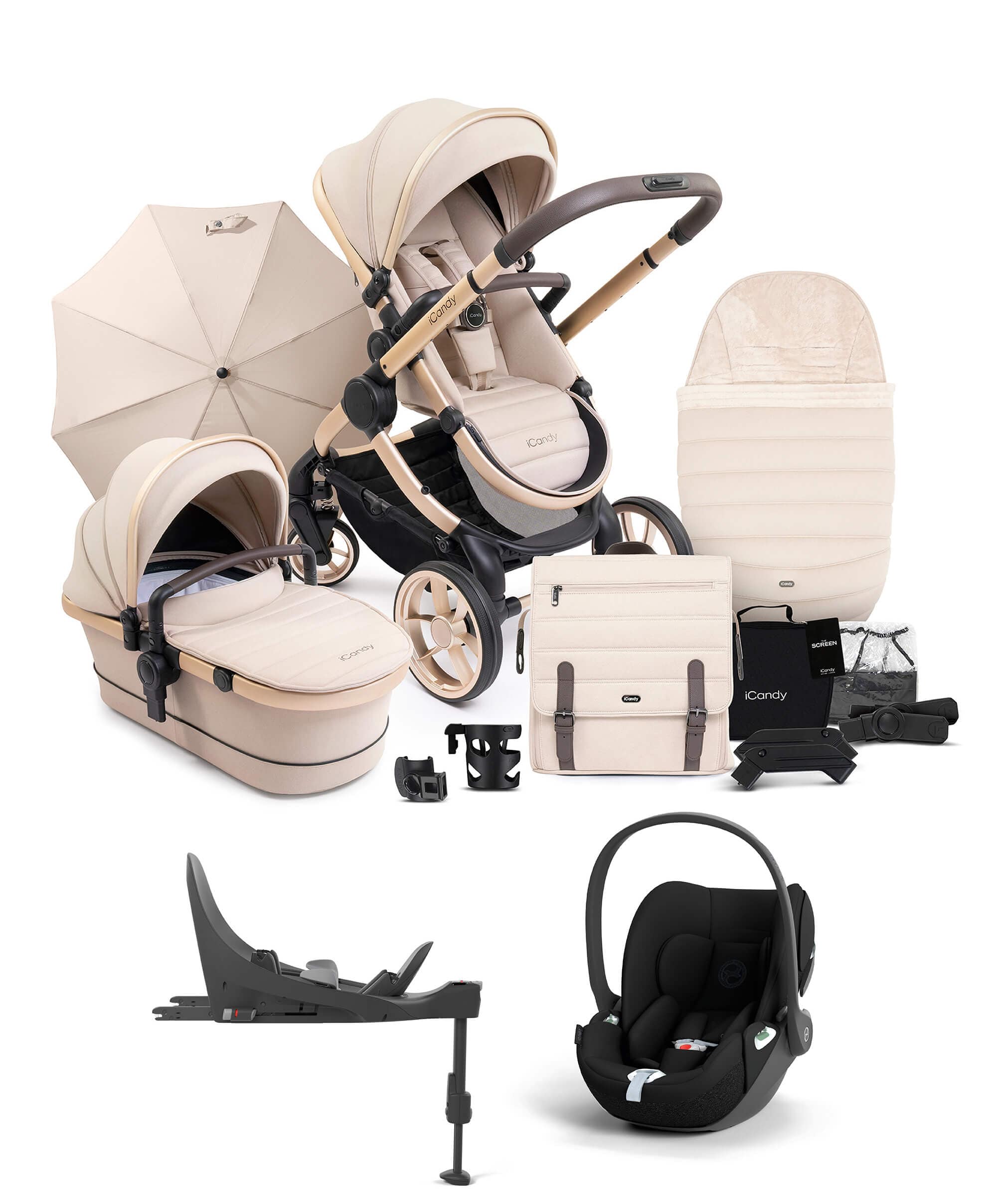 iCandy Peach 7 Complete Pushchair Bundle with Cybex Cloud T Car Seat - Biscotti