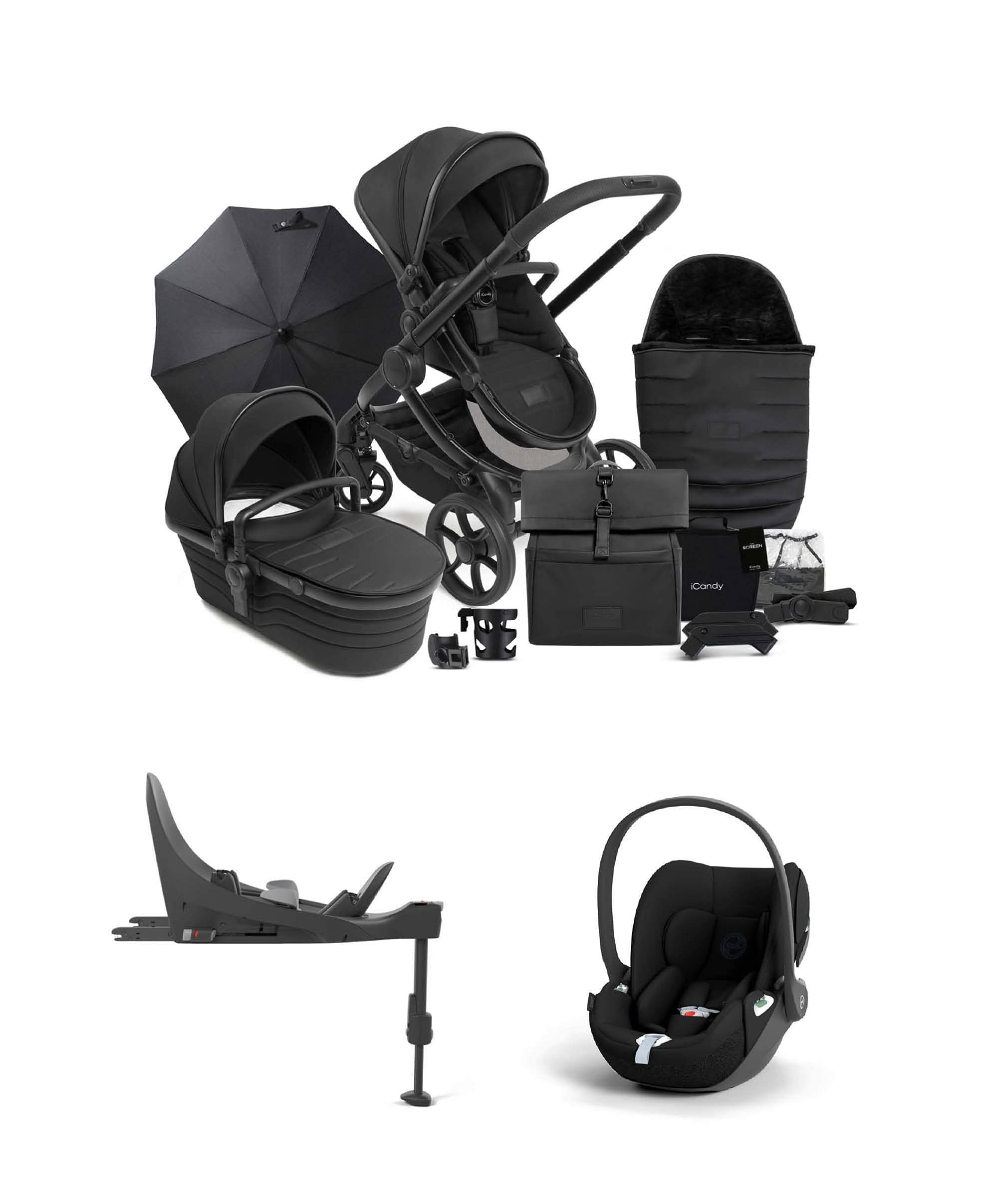 iCandy Peach 7 STUDIO Complete Pushchair Bundle and Cybex Cloud T i-Size Rotating Car Seat & Base - Black