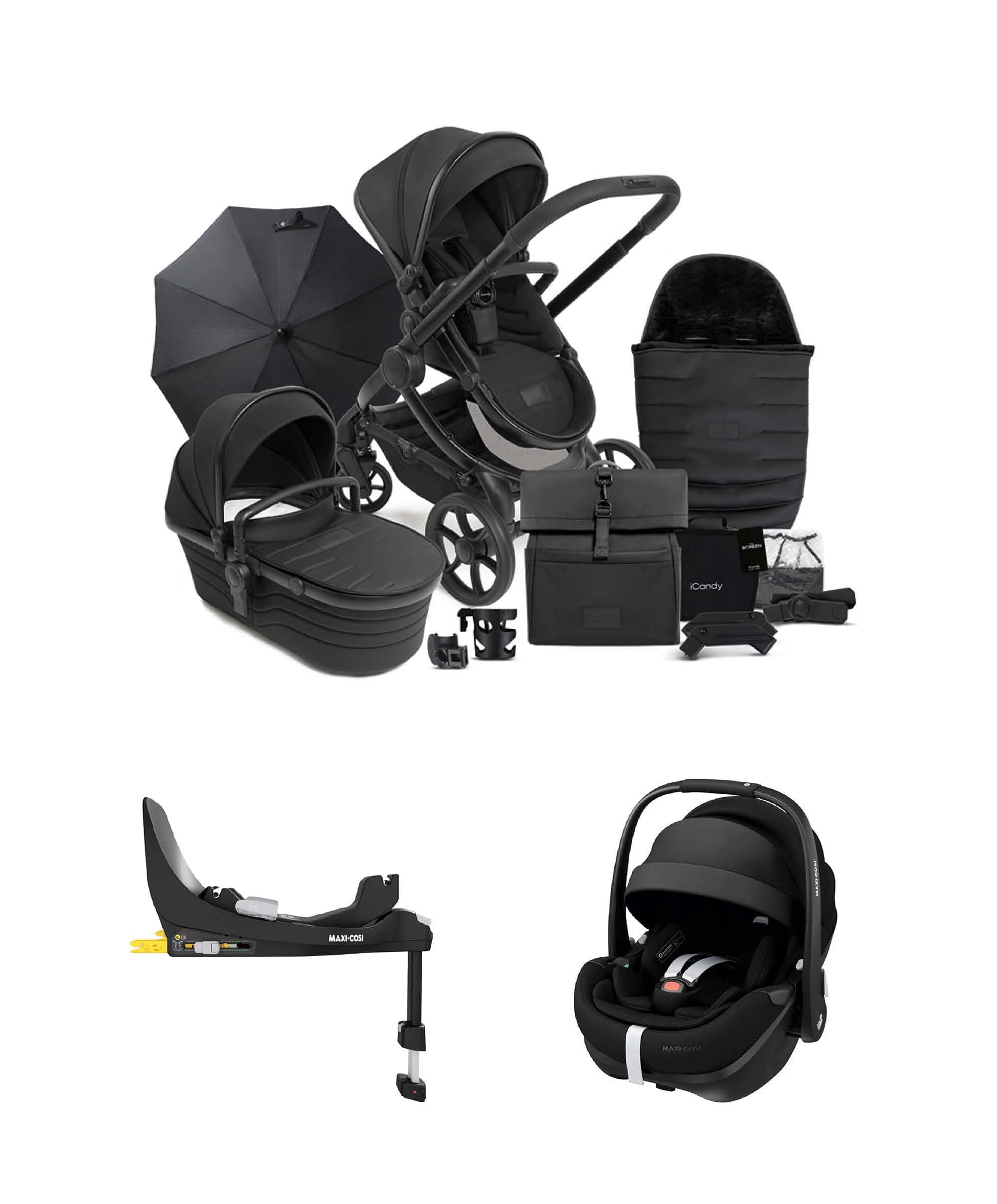 iCandy Peach 7 STUDIO Complete Bundle and Maxi-Cosi Pebble 360 Pro² Car Seat & Base - Black