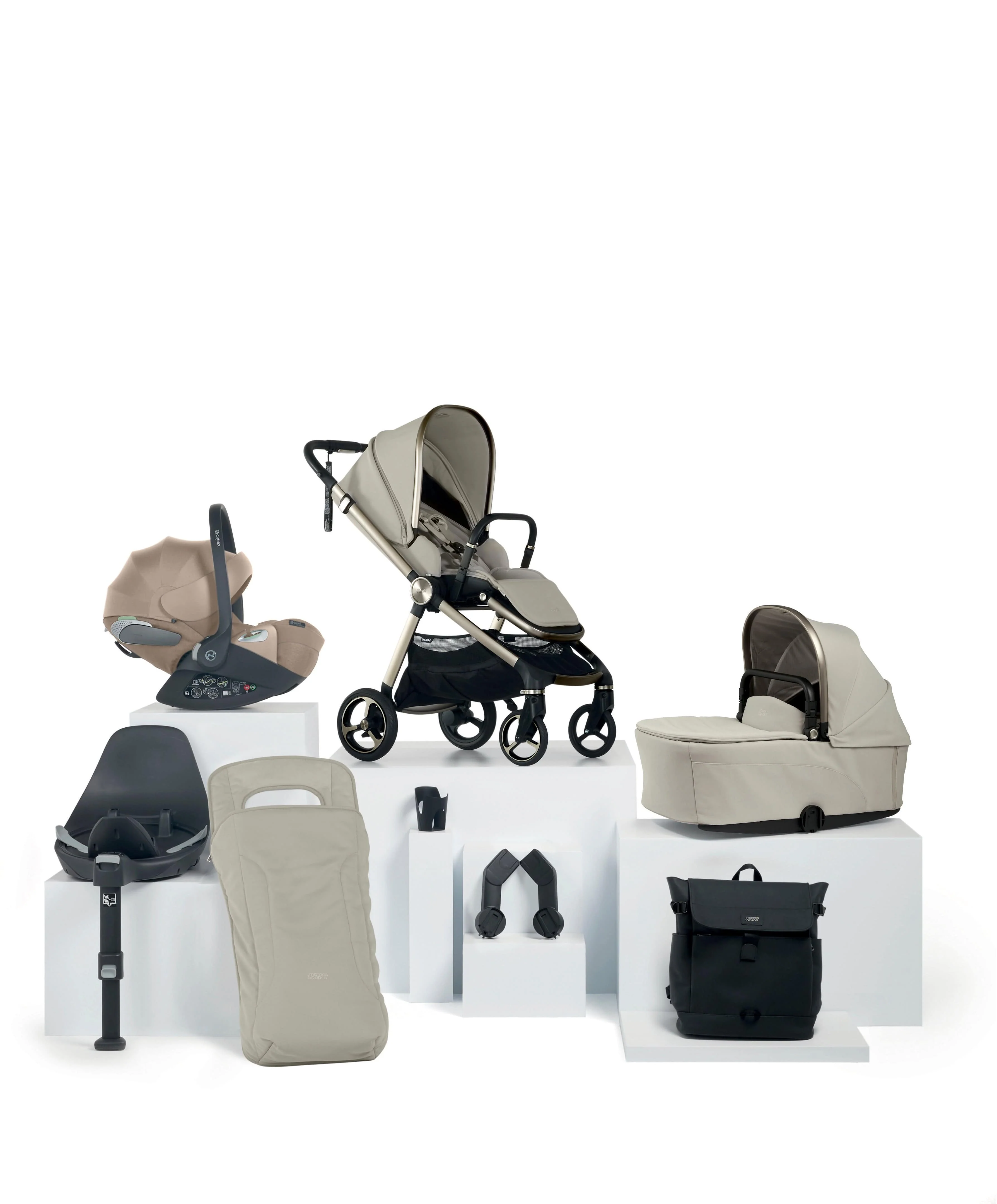 Vardo Pushchair Bundle with Cybex Cloud T Car Seat (8 Pieces) - Shell/Cosy Beige
