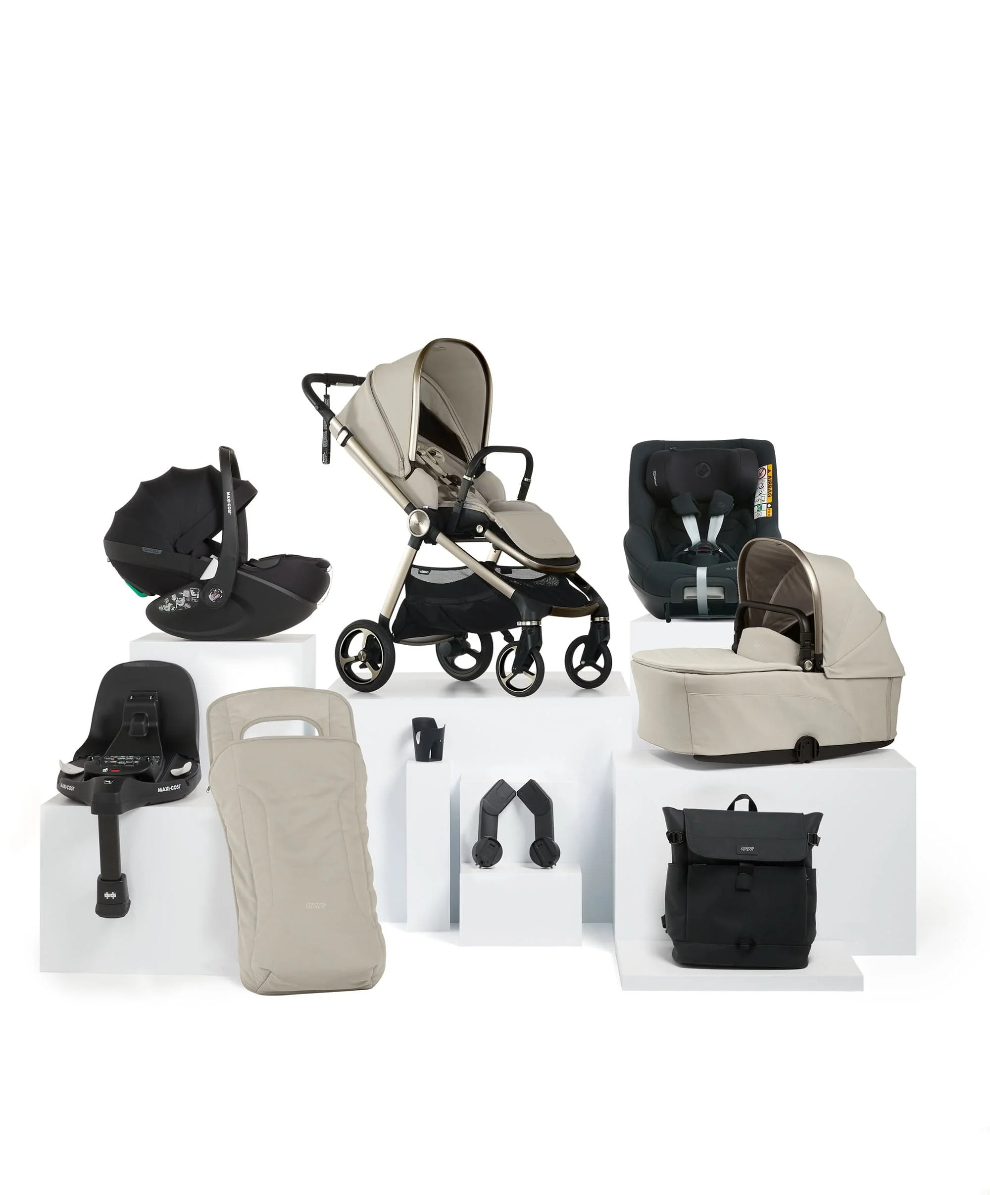 Vardo Pushchair Baby to Toddler Travel Bundle with Maxi-Cosi Pebble 360 Pro2 & Pearl 360 Pro (9 Pieces) - Shell