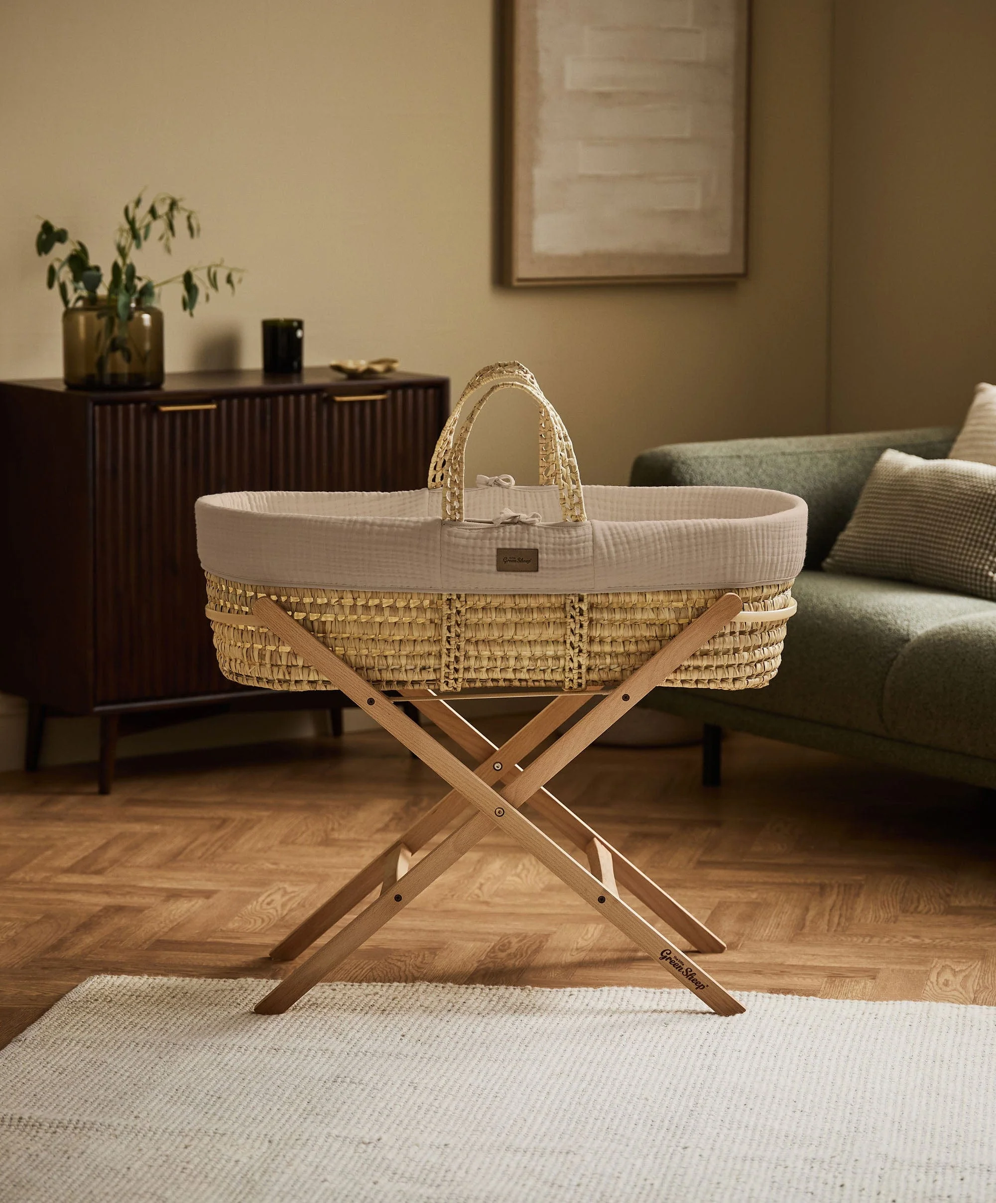 Little Green Sheep Muslin Moses Basket & Mattress - Truffle - Image 2