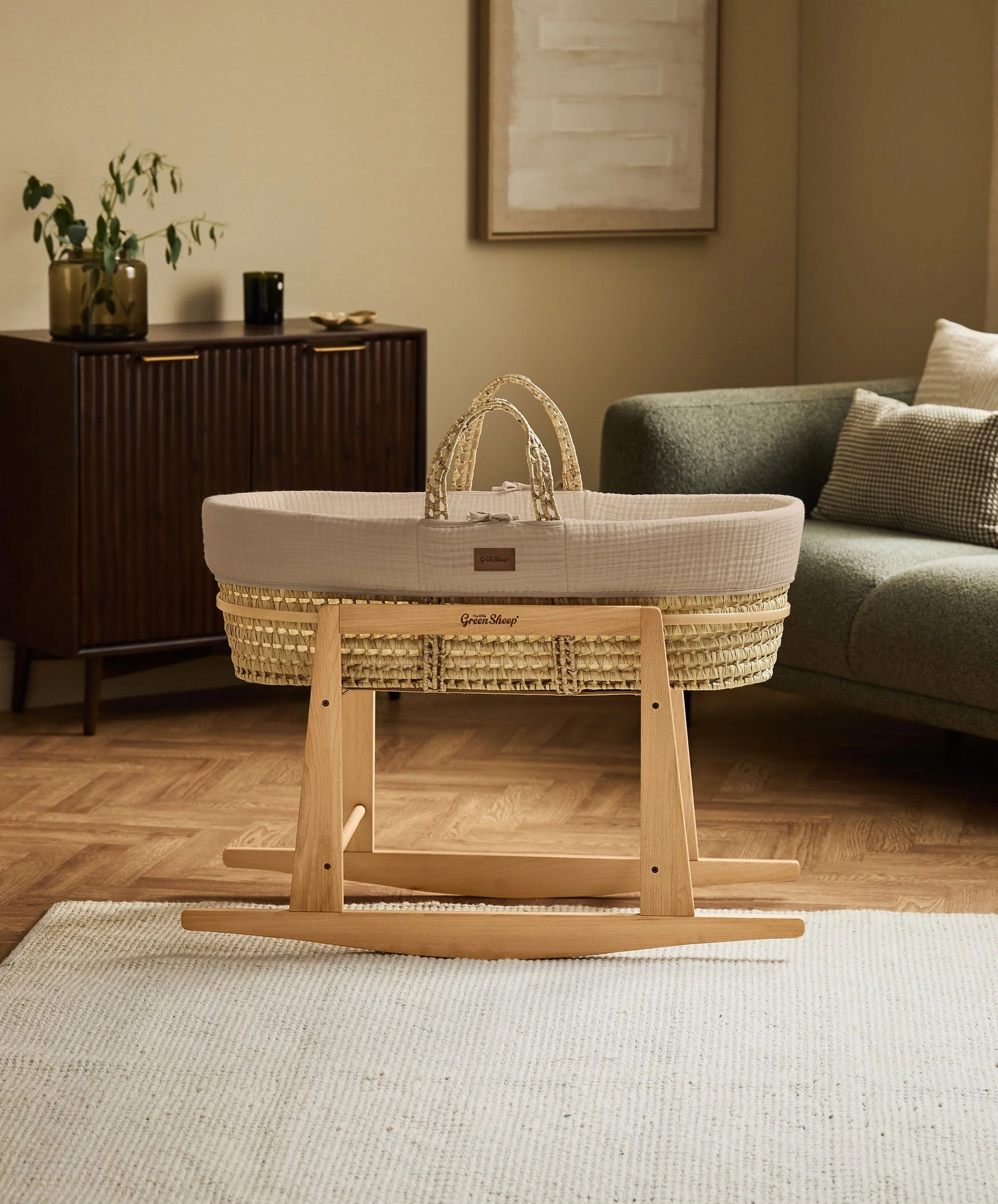 Little Green Sheep Muslin Moses Basket & Mattress - Truffle - Image 3