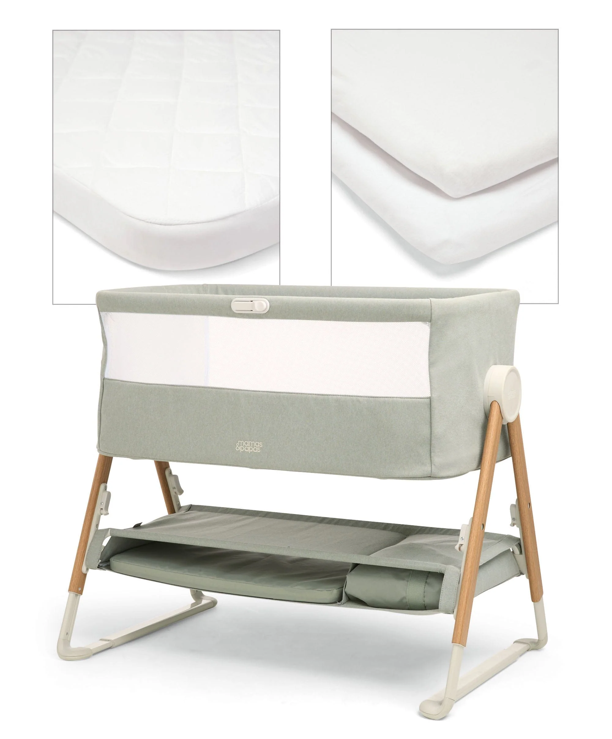Lua Bedside Crib and Sheet Bundle - Sage/White