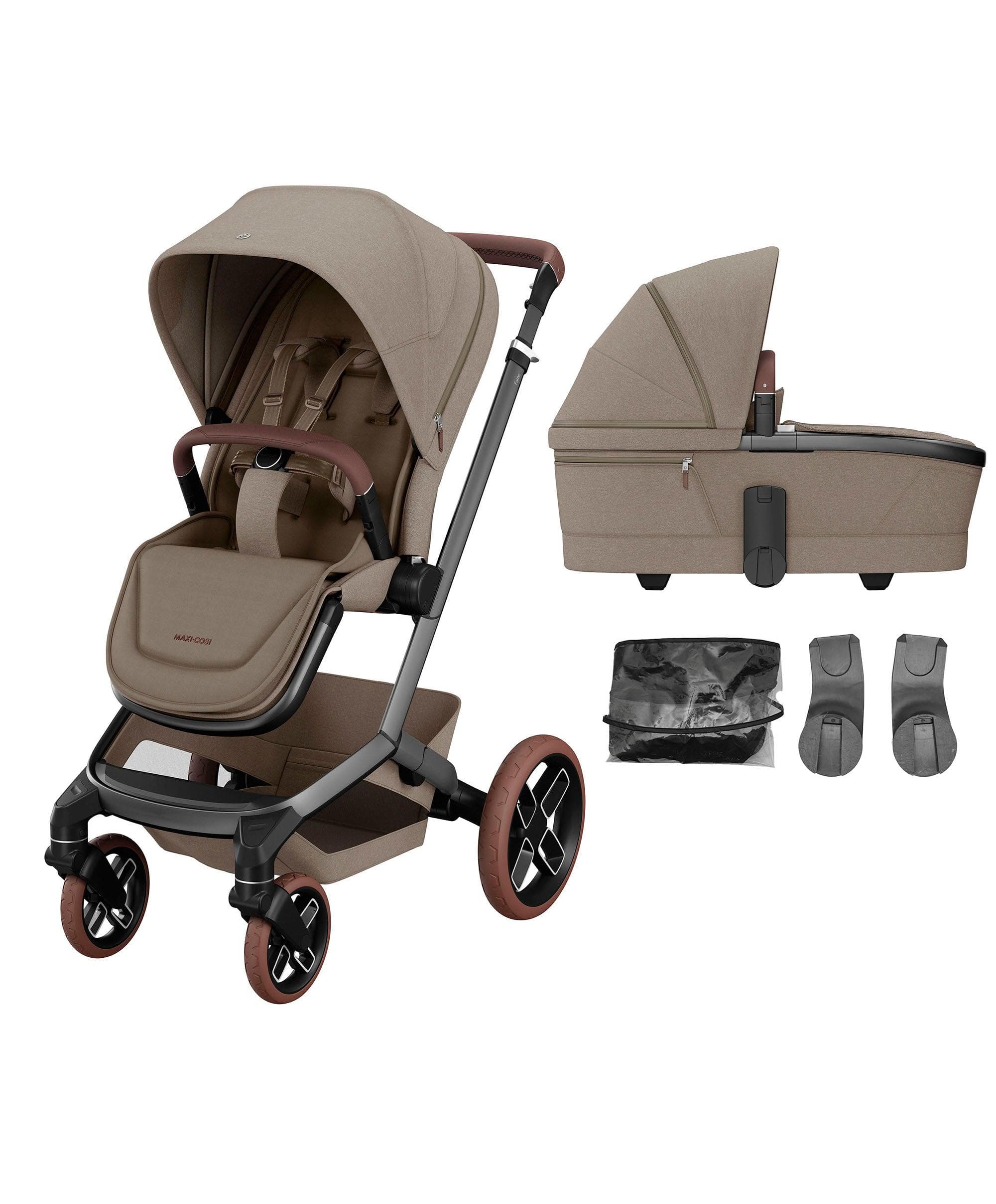 Maxi-Cosi Fame Pushchair & Carrycot - Truffle with Brown Wheels