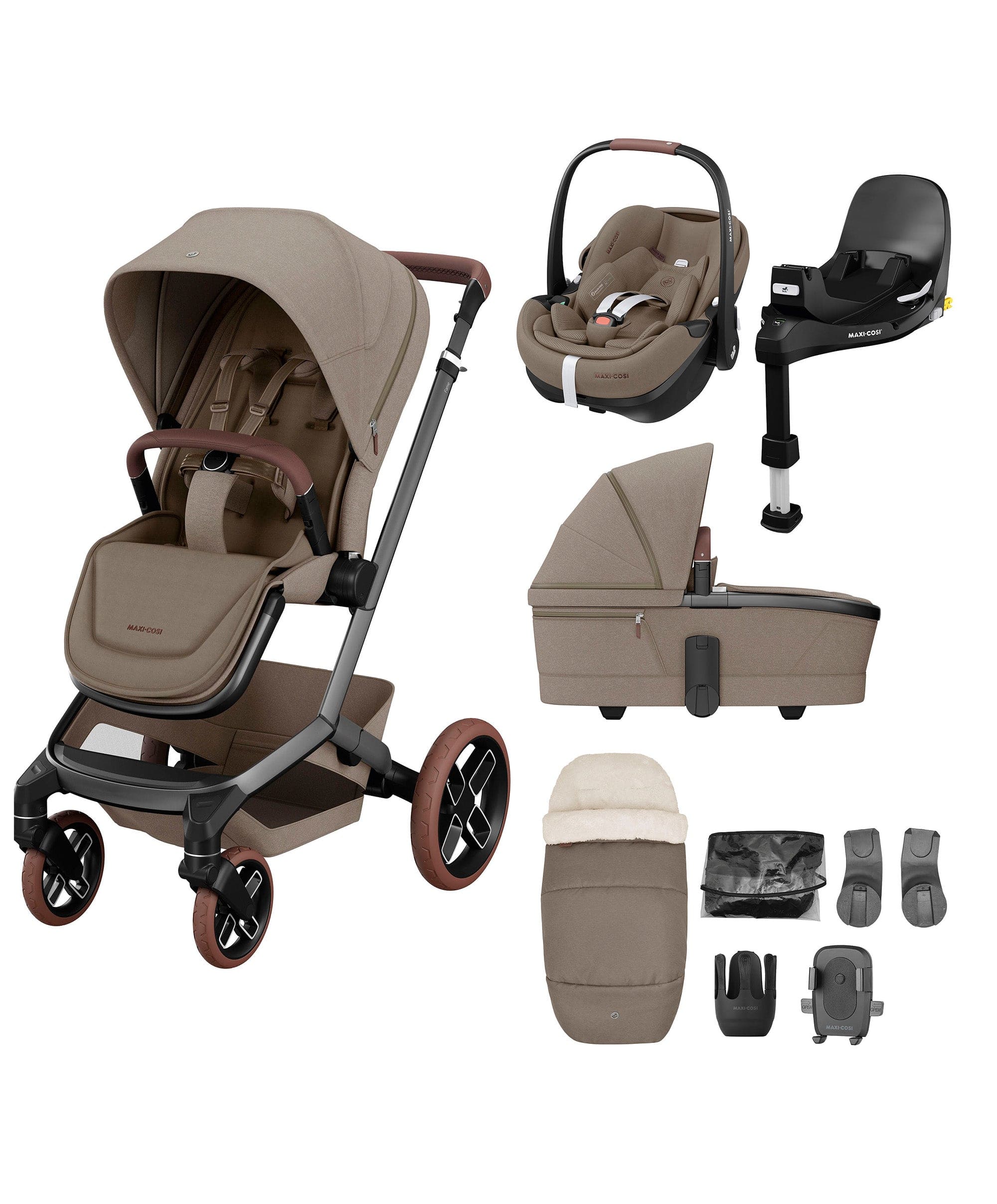 Maxi-Cosi Fame Pushchair Bundle with Pebble 360 Pro² Car Seat (9 Pieces)- Truffle with Brown Wheels