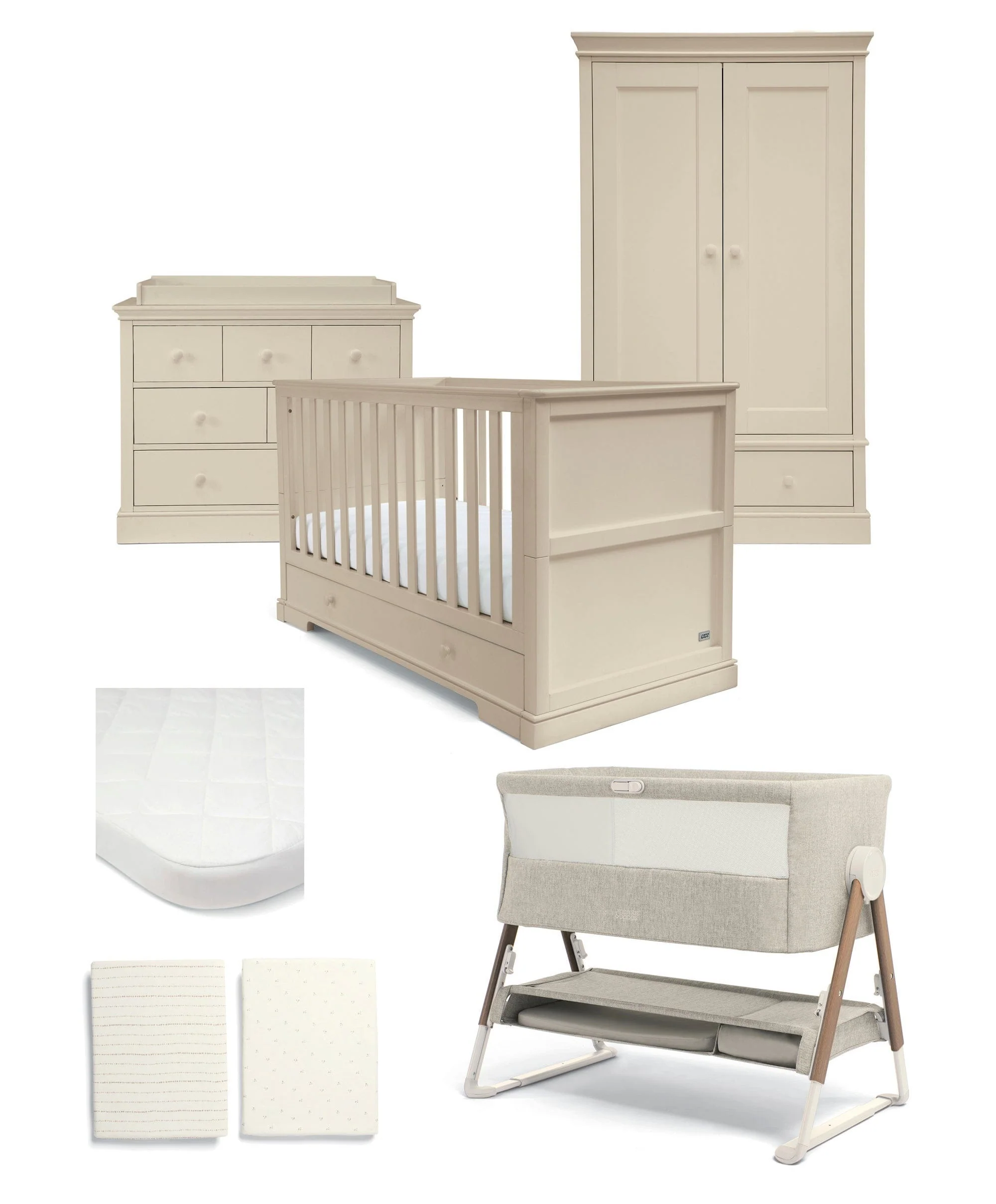 Oxford Nursery Bundle With Lua Bedside Crib - Cashmere/Fawn