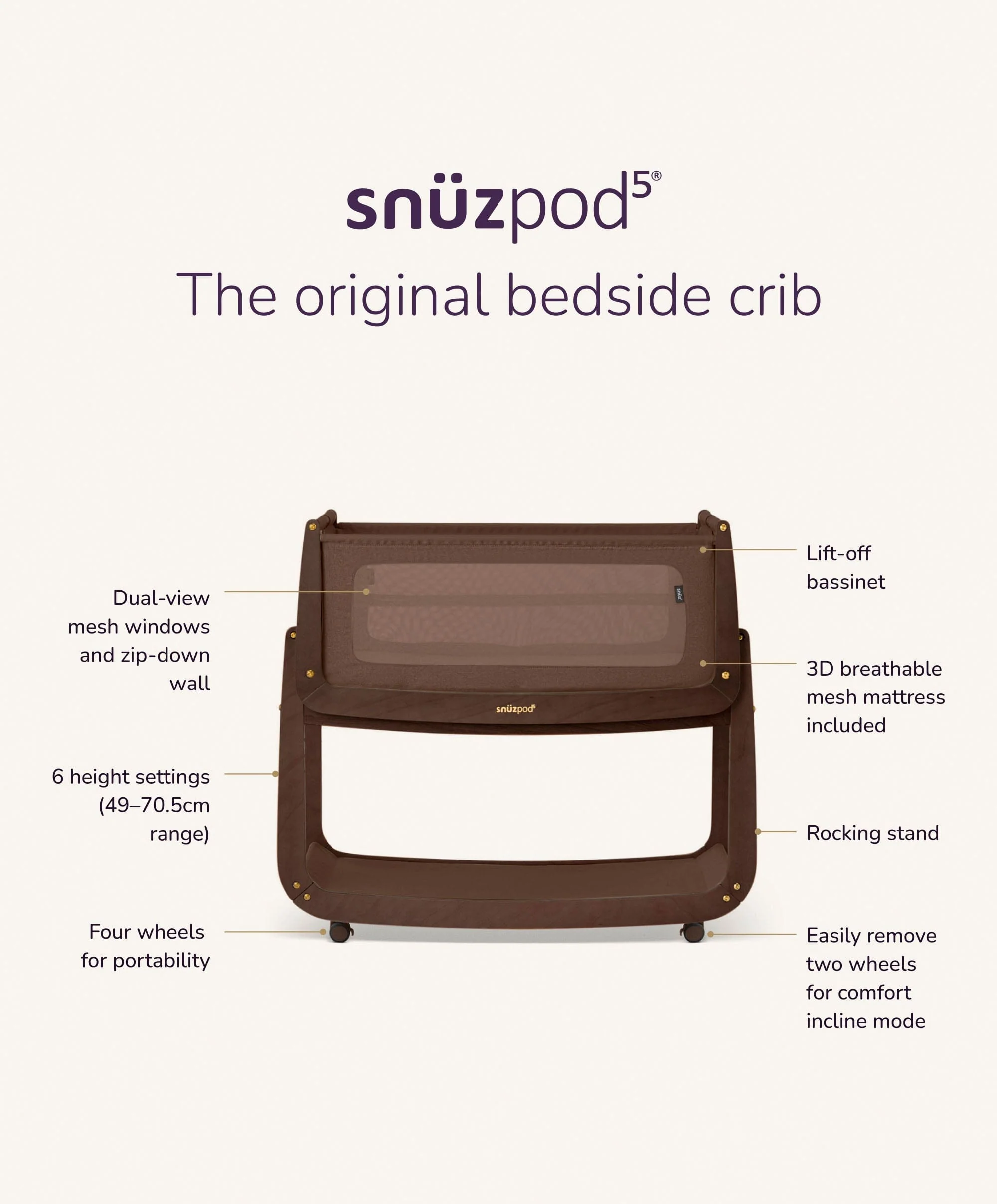 SnuzPod 5 Bedside Crib - Chocolate - Image 9