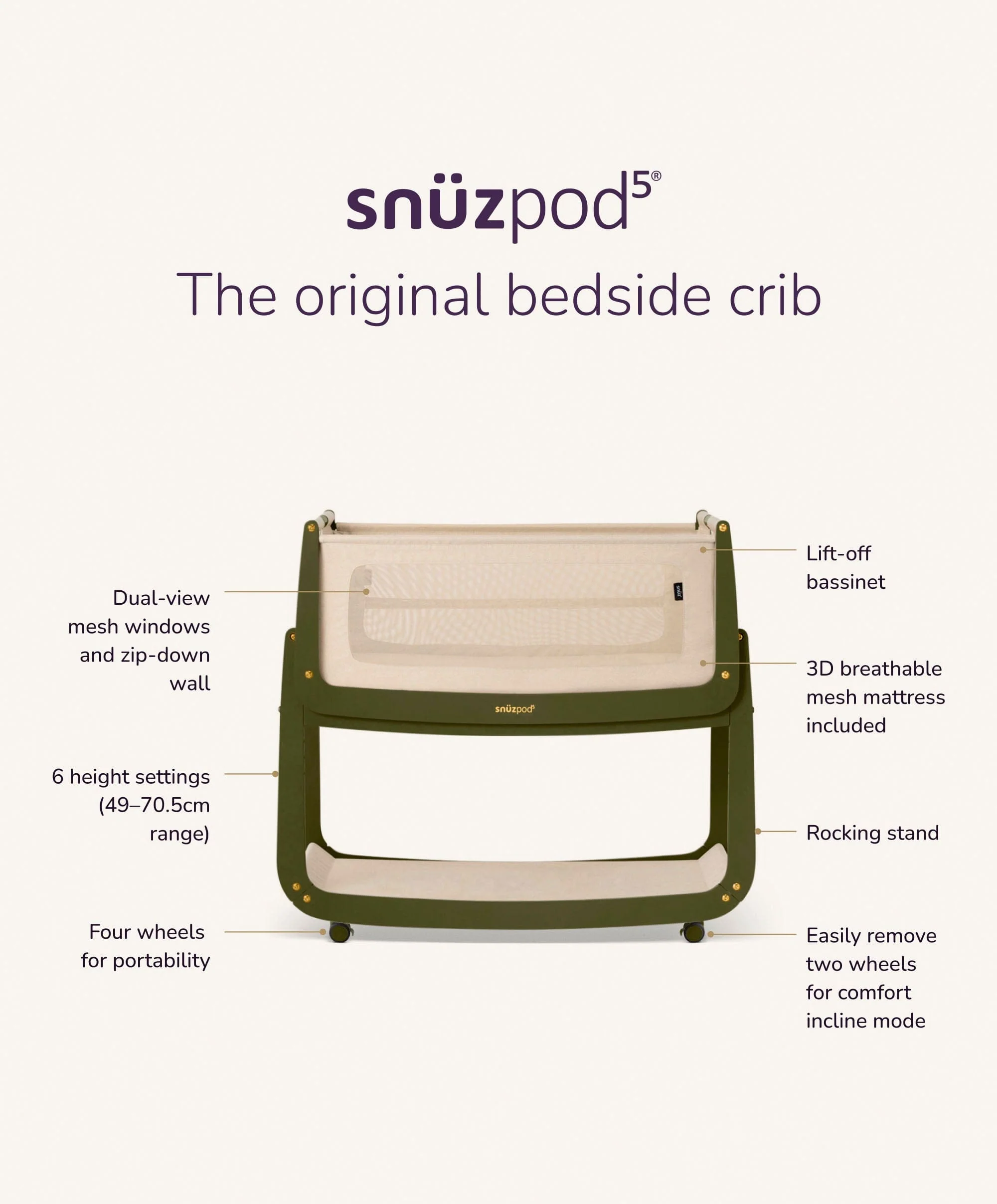 SnuzPod 5 Bedside Crib - Olive - Image 7