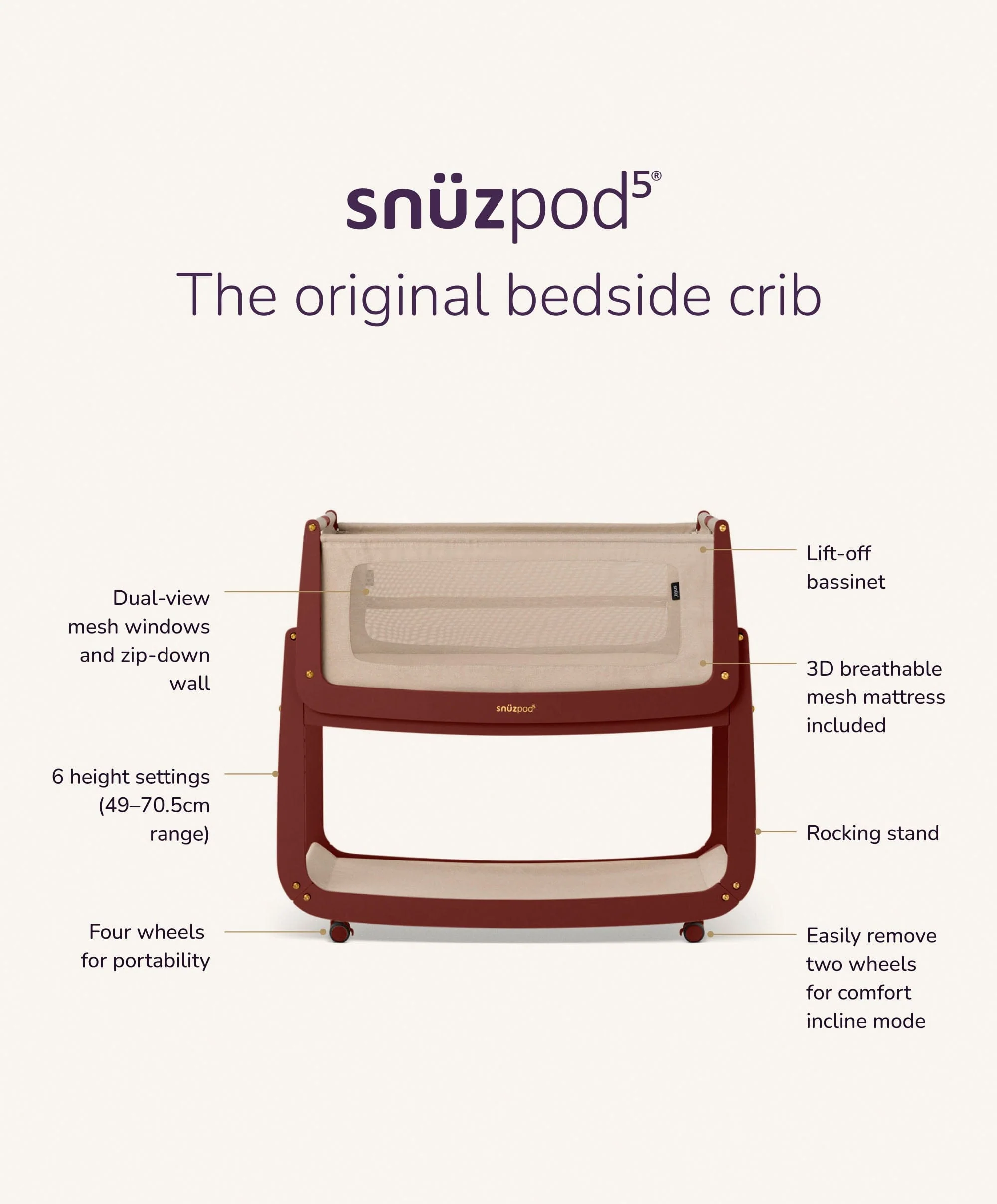 SnuzPod 5 Bedside Crib - Rouge - Image 9