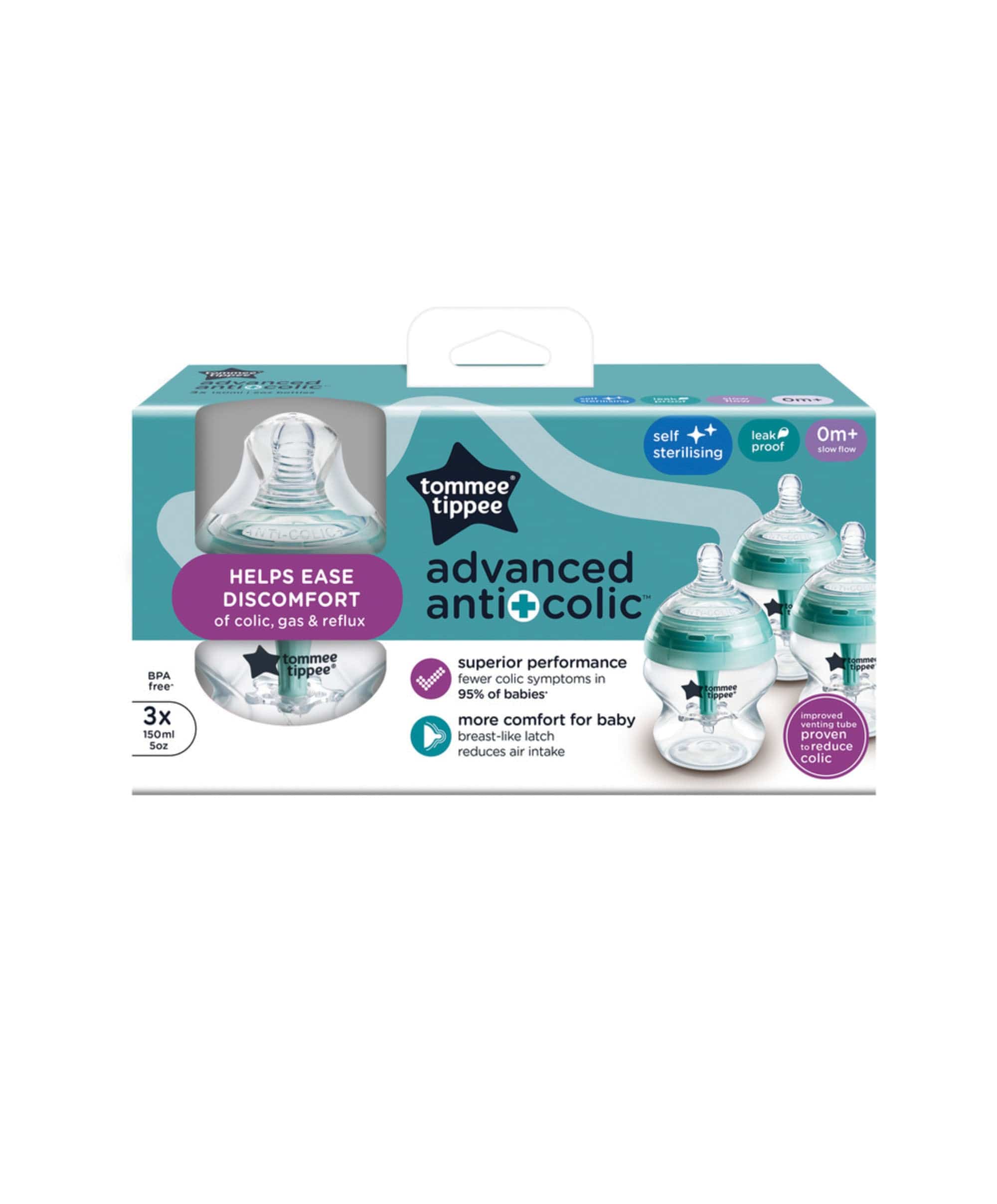 Tommee Tippee Advanced Anti-Colic Baby Bottle with Extra-Slow Flow Teat (Pack of 3) - 150ml - Image 3