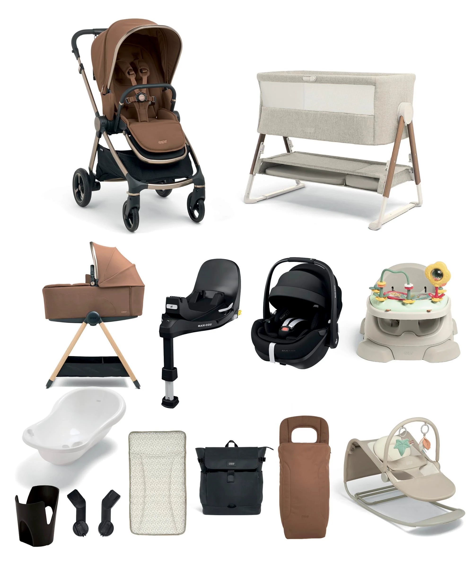Vardo Pushchair Ultimate Newborn Bundle with Maxi-Cosi Pebble 360 Pro² Car Seat & Base (14 Pieces) - Nutmeg