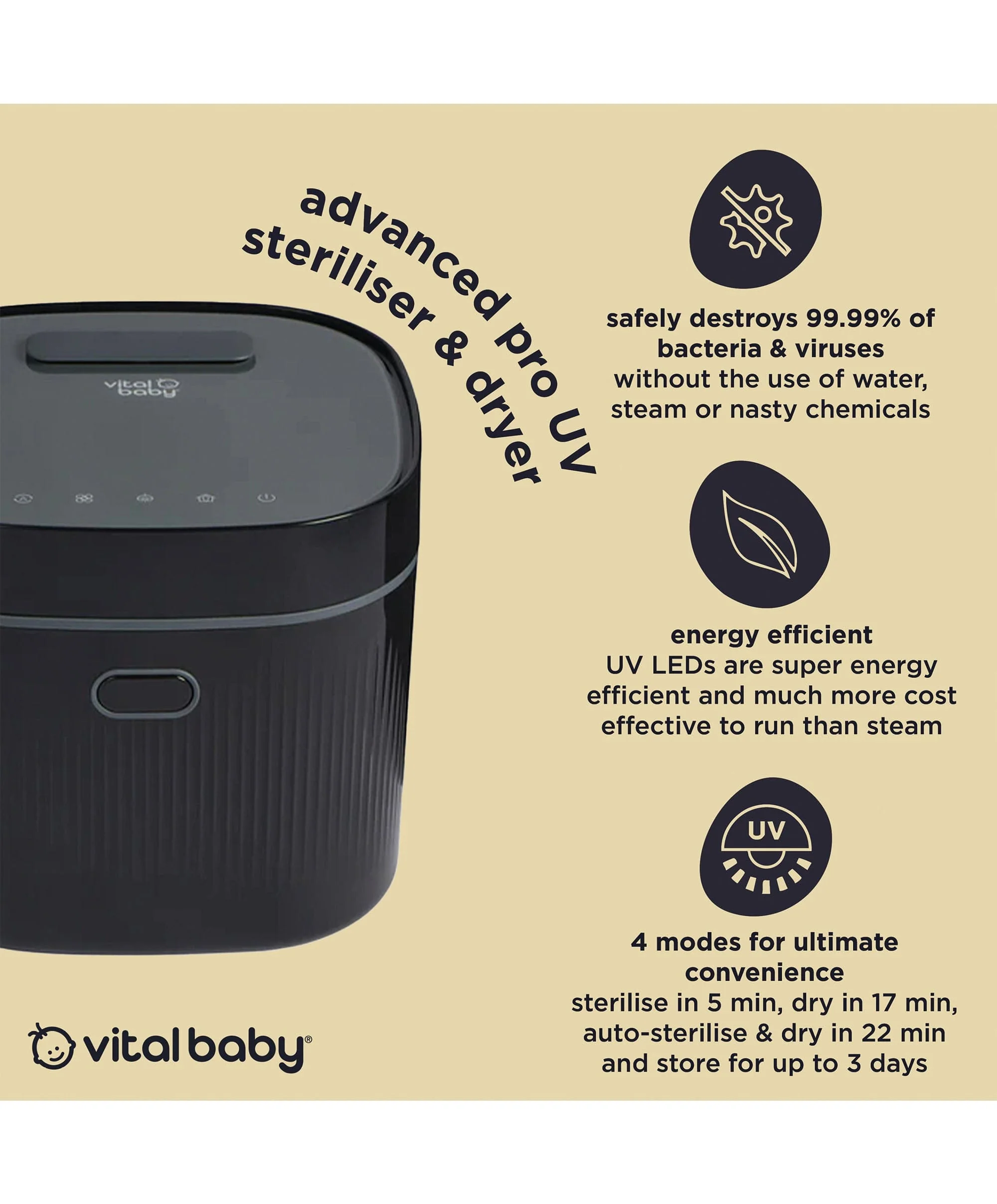 Vital Baby Nurture Advanced Pro UV Steriliser & Dryer, 3rd gen - Onyx Black - Image 3