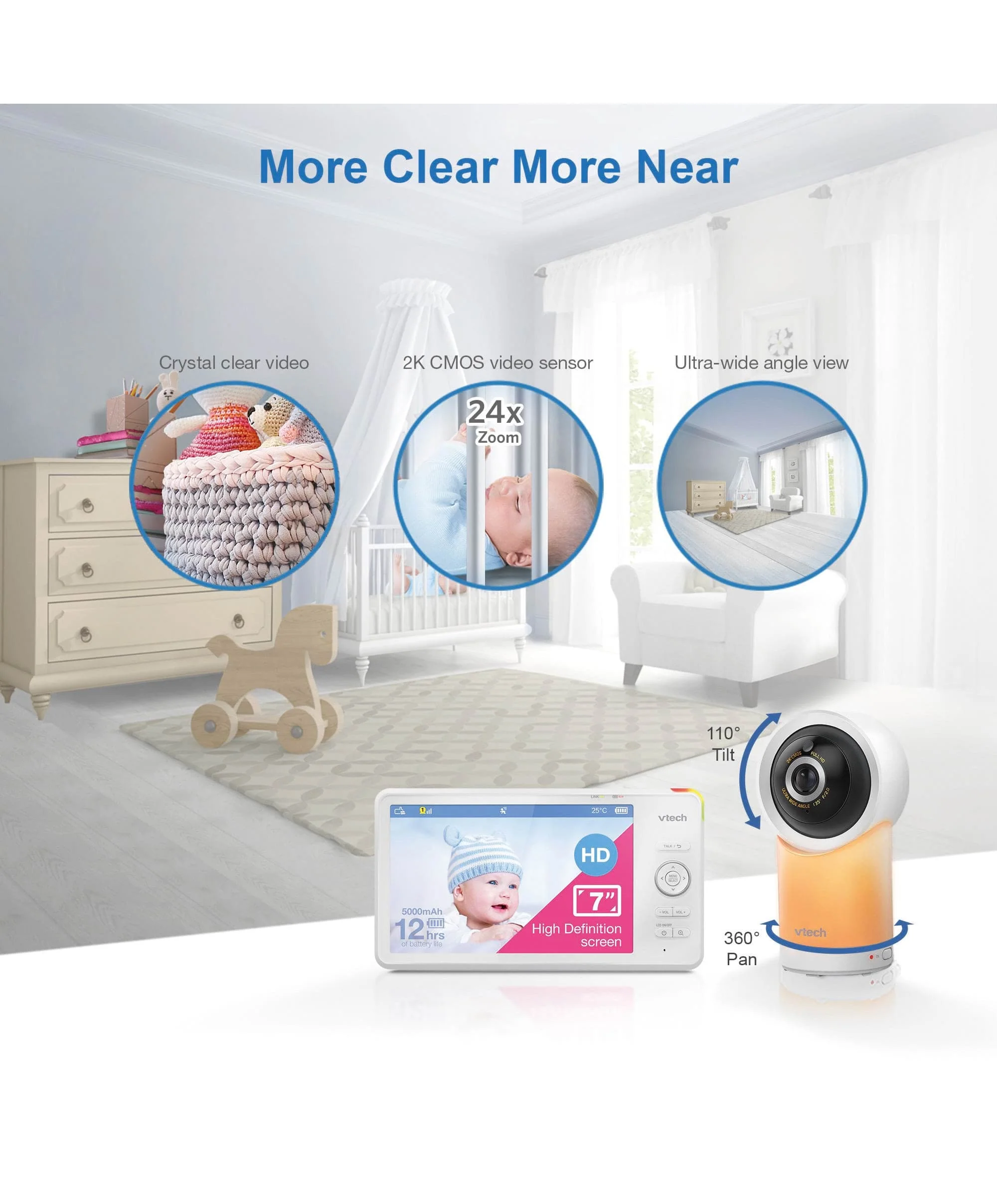 VTech RM7766HD 7inch Smart Pan & Tilt Baby Monitor in White - Image 4