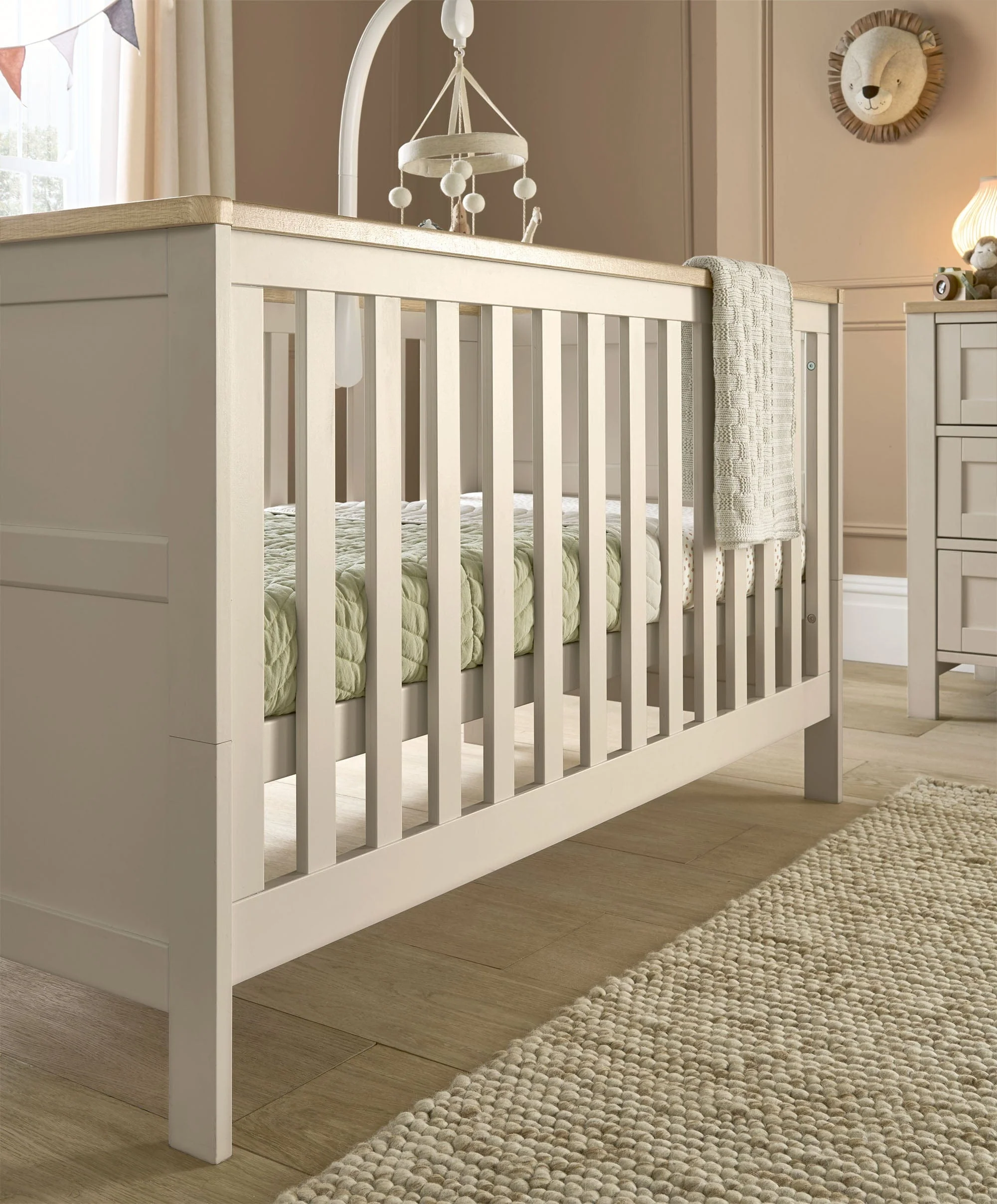 Wedmore 3 Piece Cotbed Range with Dresser Changer & Wardrobe - Cashmere/Oak - Image 2